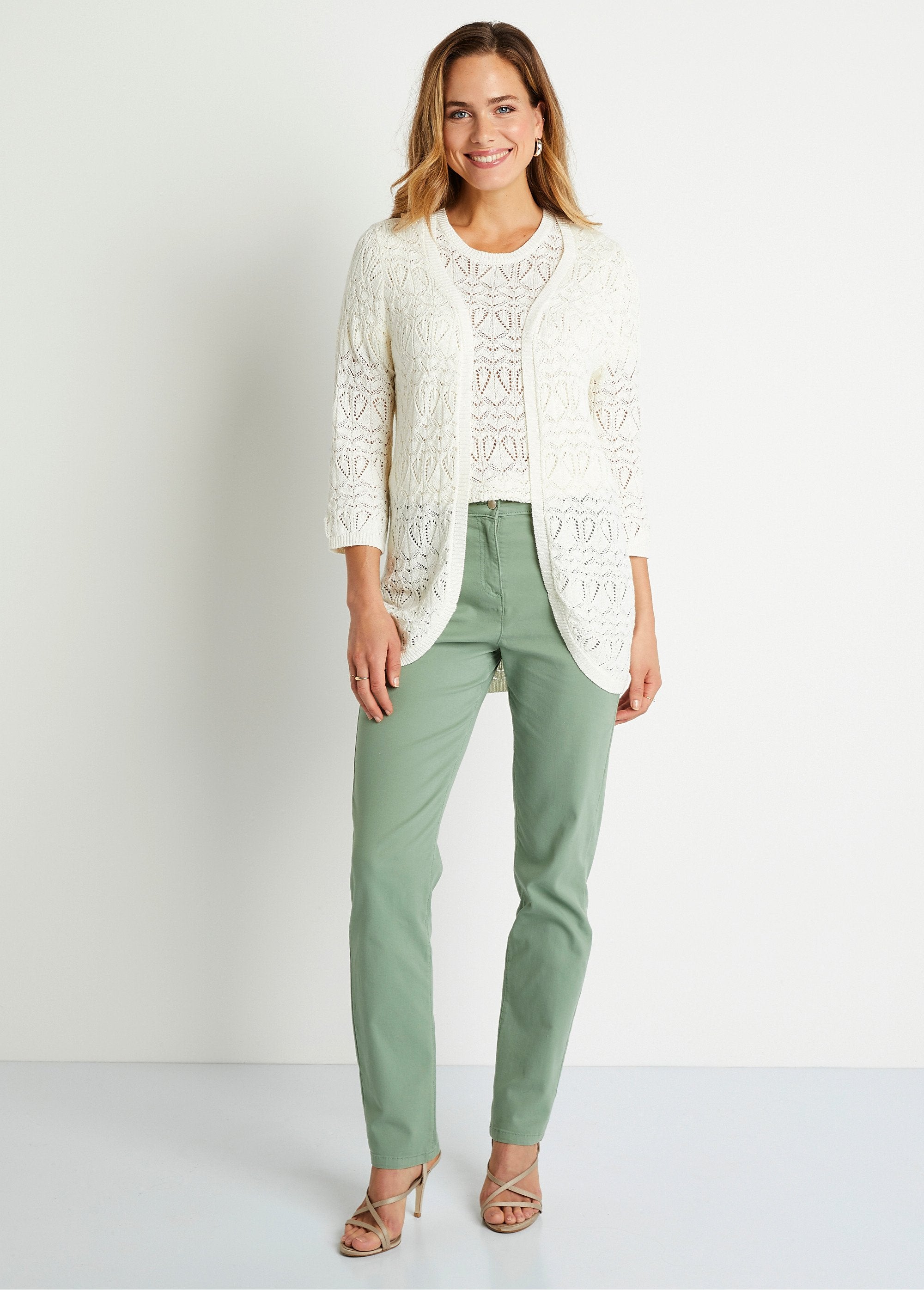 Cardigan_lungo_traforato_in_cotone,_maniche_a_3/4_Corda_SF1_slim