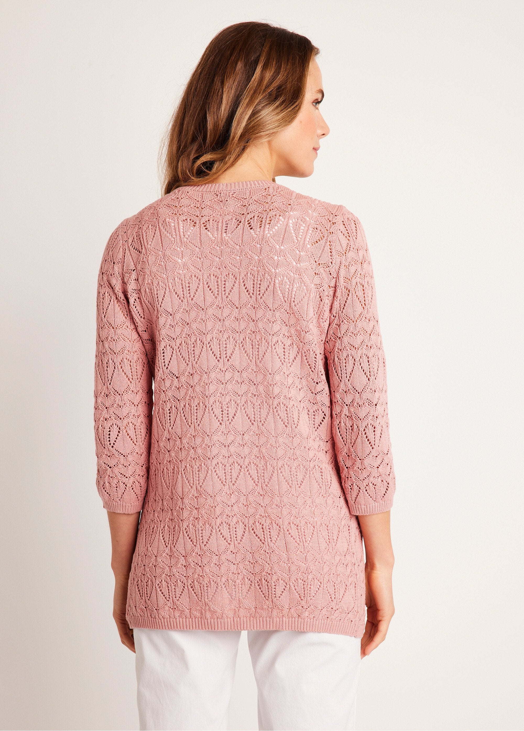 Cardigan_lungo_traforato_in_cotone,_maniche_a_3/4_Rosa_cipria_DO1_slim