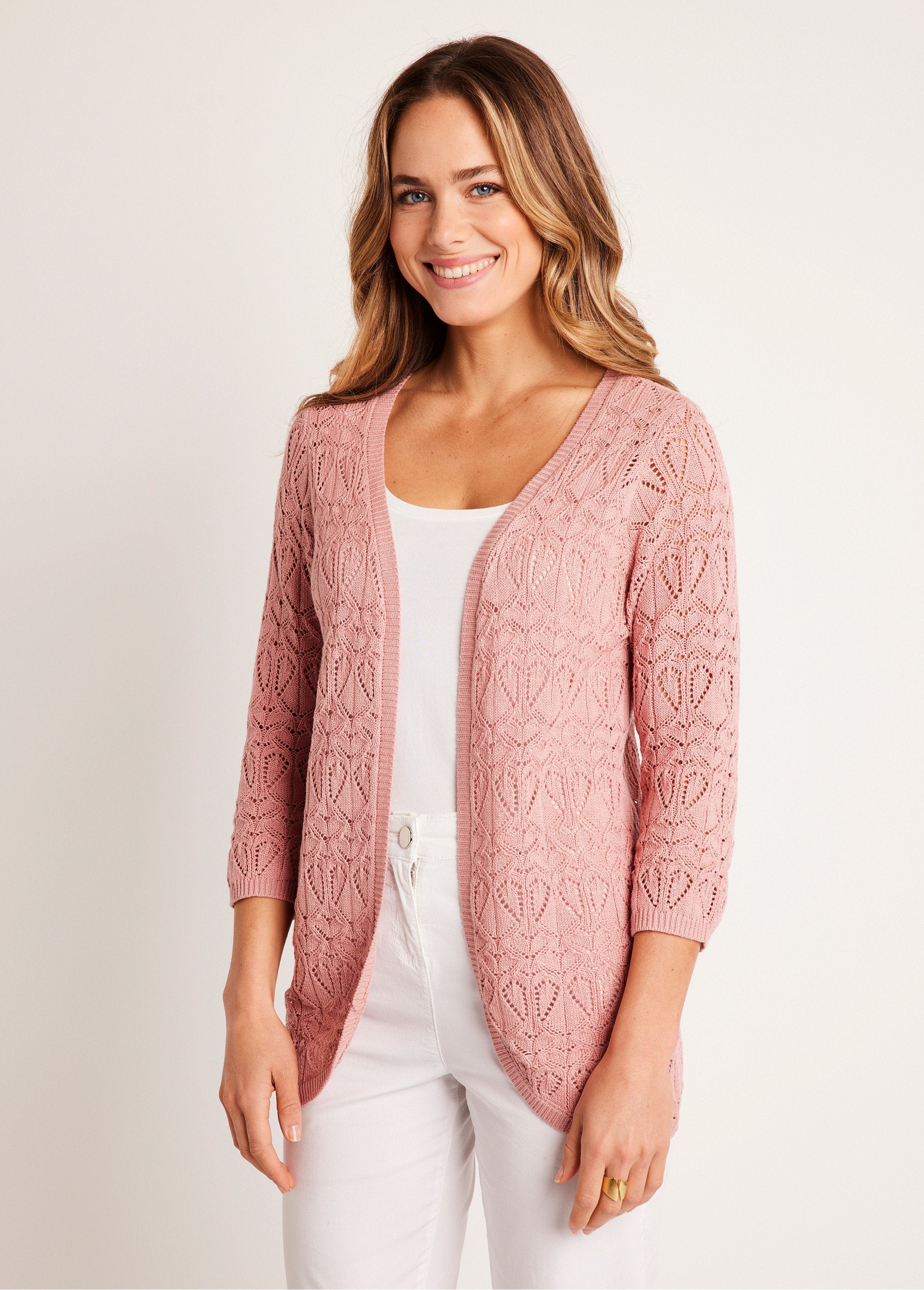 Cardigan_lungo_traforato_in_cotone,_maniche_a_3/4_Rosa_cipria_FA1_slim