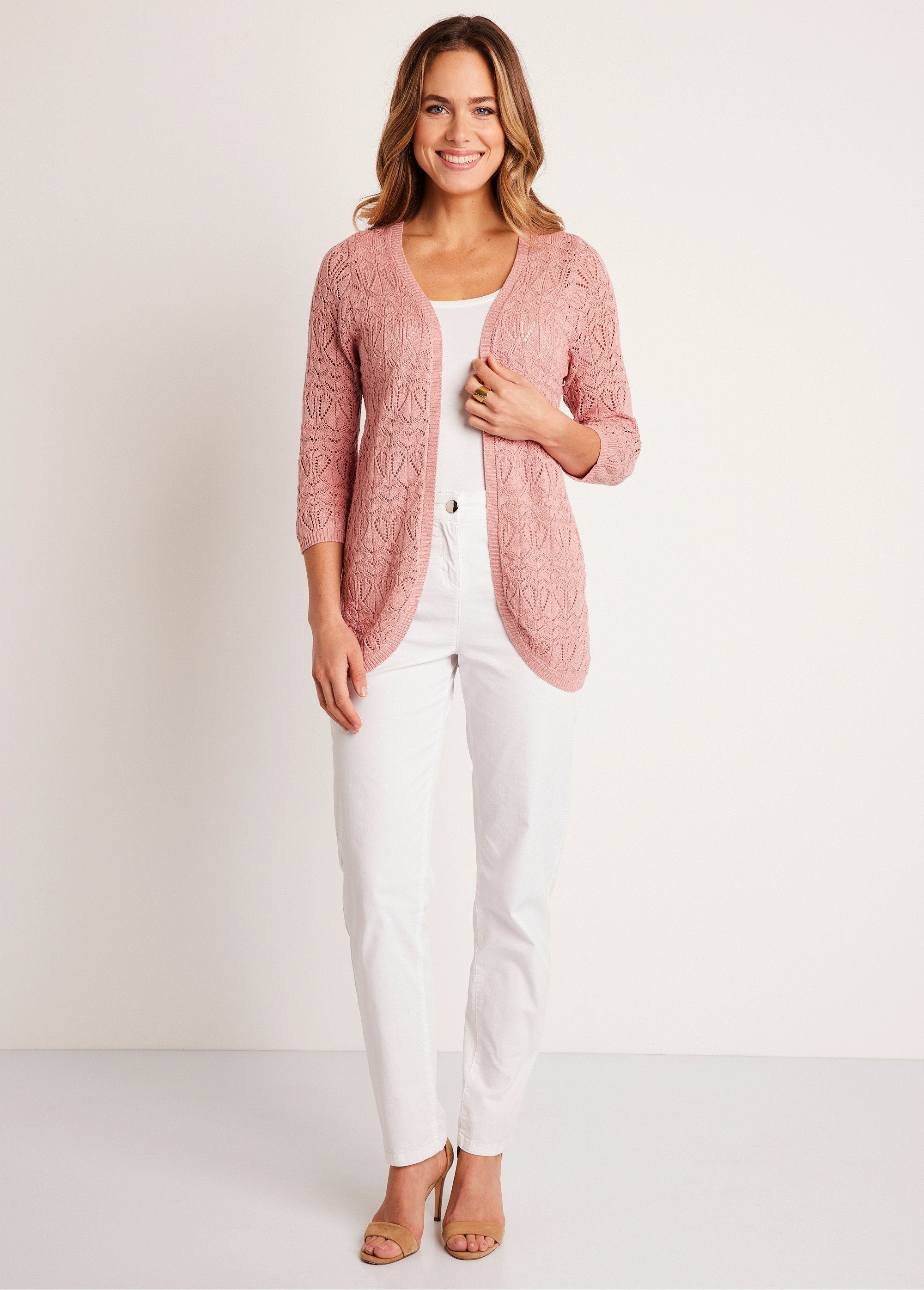 Cardigan_lungo_traforato_in_cotone,_maniche_a_3/4_Rosa_cipria_SF1_slim