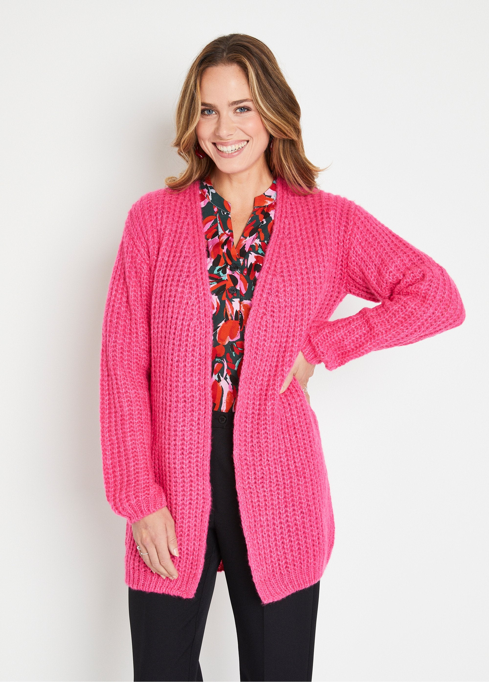 Gilet_long_uni_bord_à_bord_grosse_maille_Fuchsia_FA1_slim