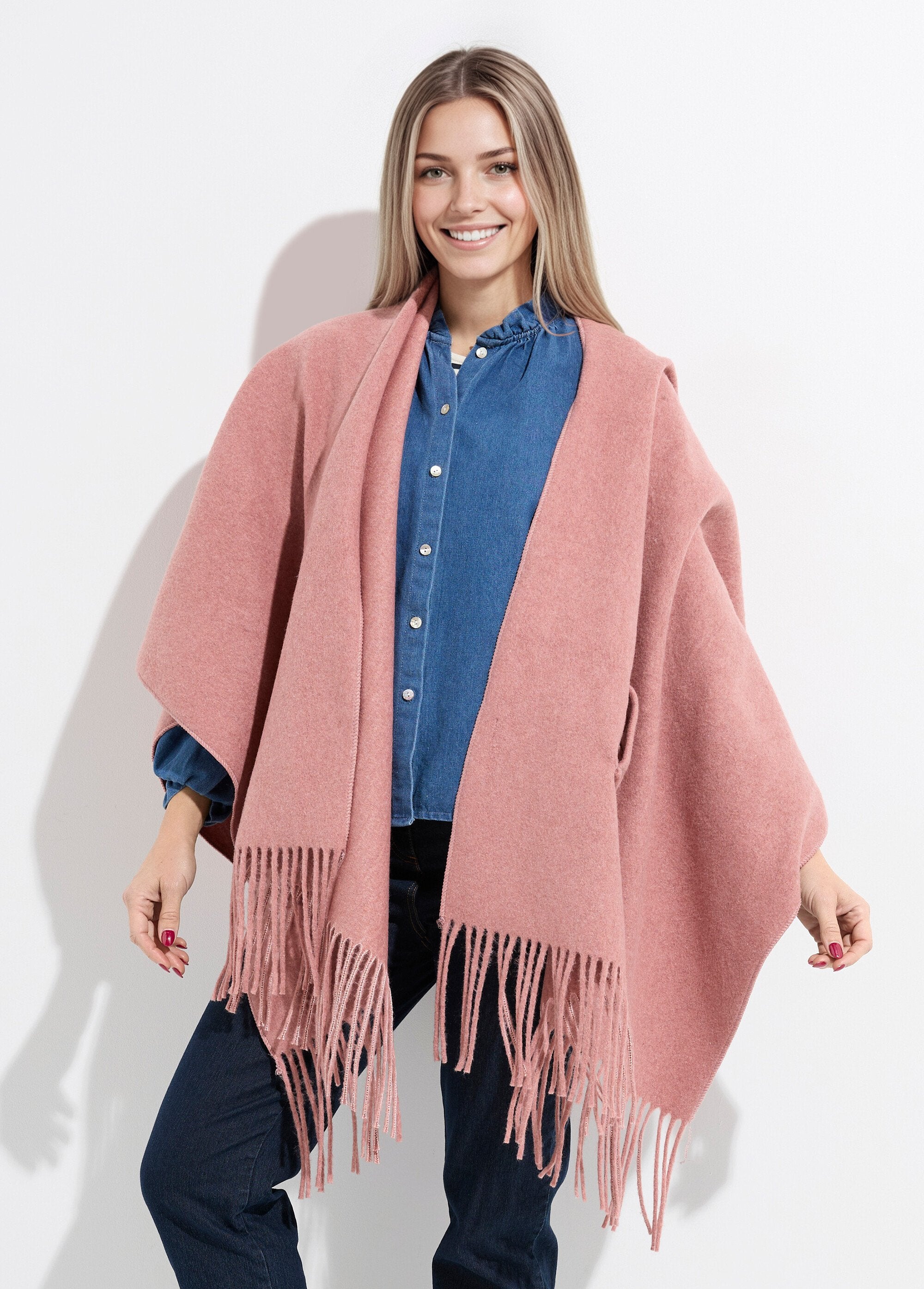 Manteau_cape_à_franges_aspect_lainage_Rose_FA1_slim