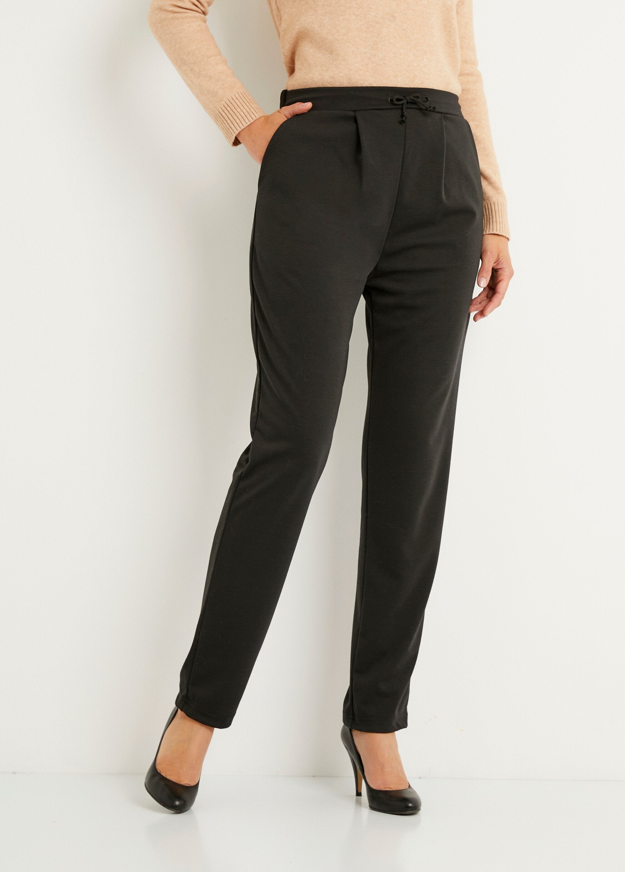 Pantalon_droit_taille_élastiquée_maille_stretch_Noir_FA1_slim