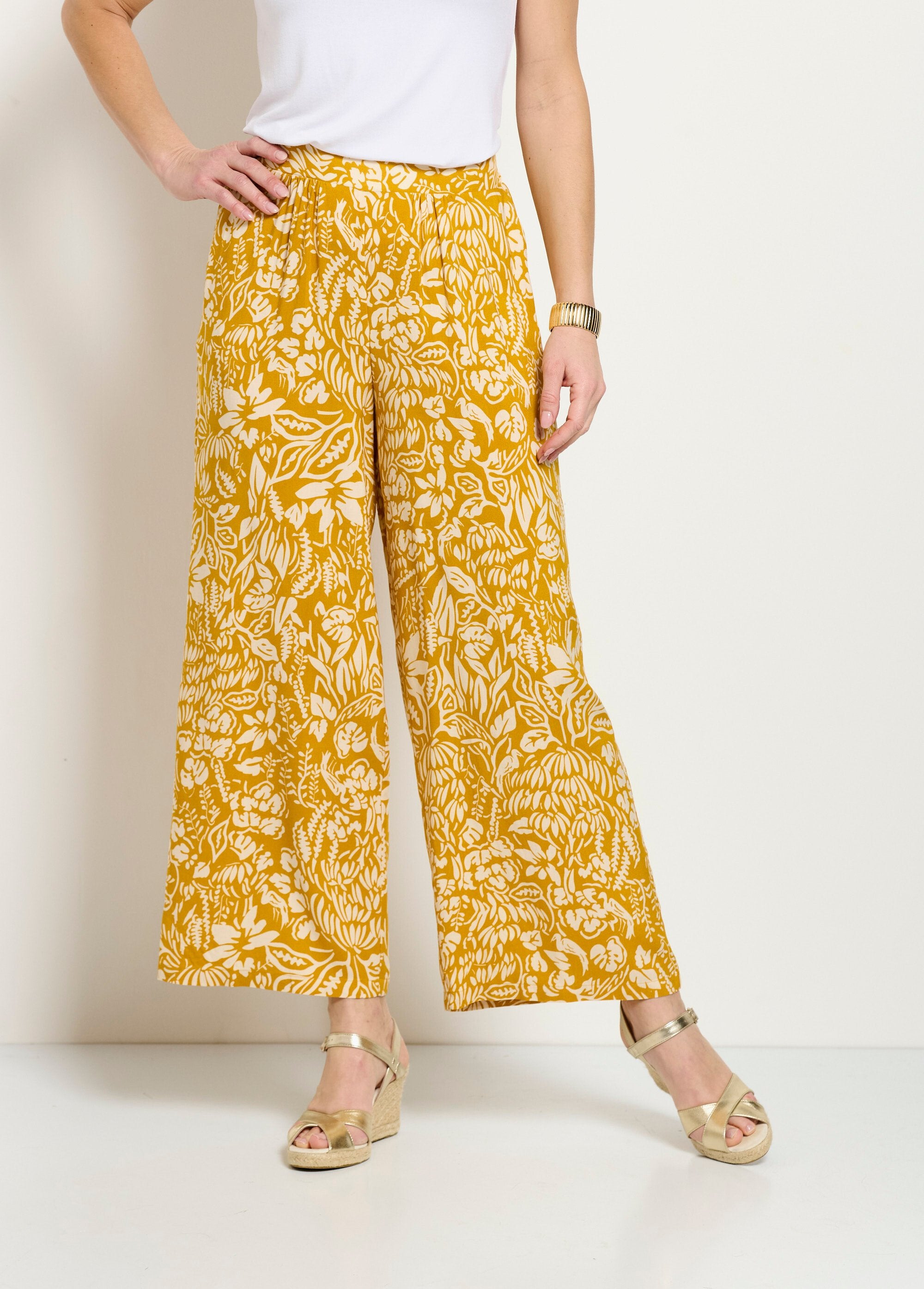 Pantalon_large_taille_élastiquée_fleuri_ou_uni_Jaune_et_ecru_FA1_slim