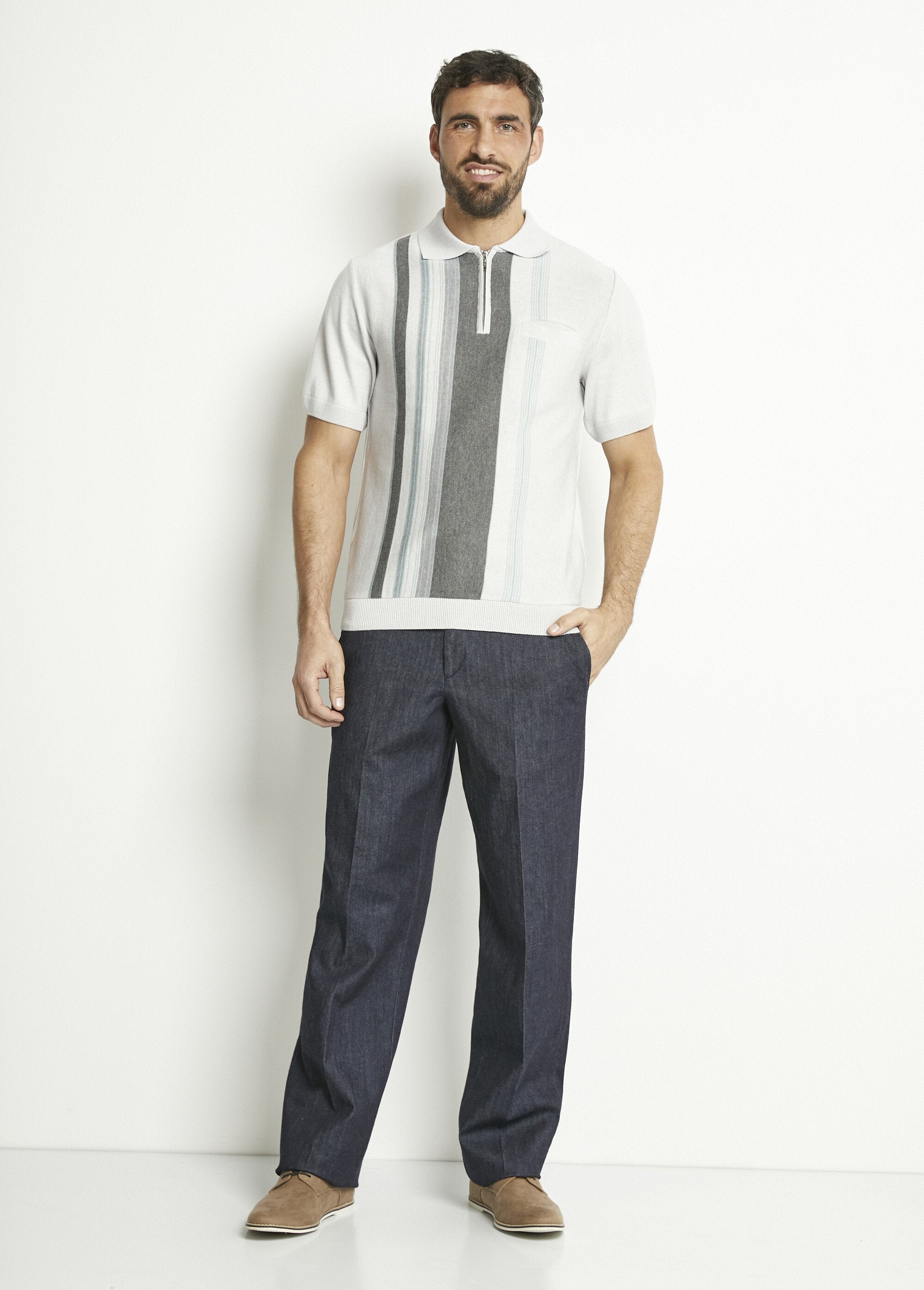 Polo_a_maniche_corte_con_zip_e_strisce_jacquard_Gris_SF1_slim