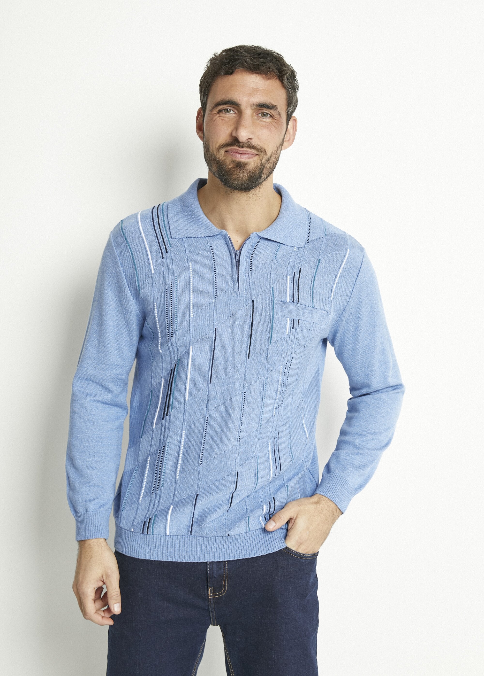 Polo_a_maniche_lunghe_in_cotone_jacquard_con_zip_Bleu_FA1_slim