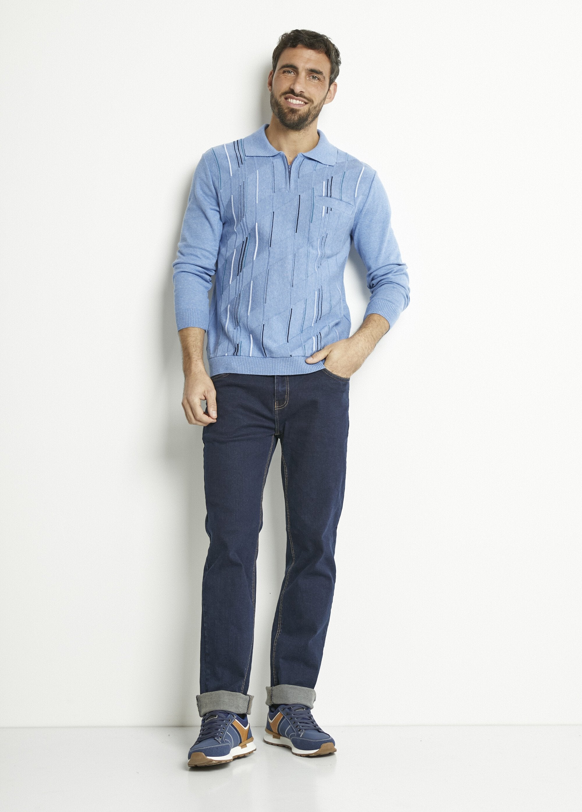 Polo_a_maniche_lunghe_in_cotone_jacquard_con_zip_Bleu_SF1_slim