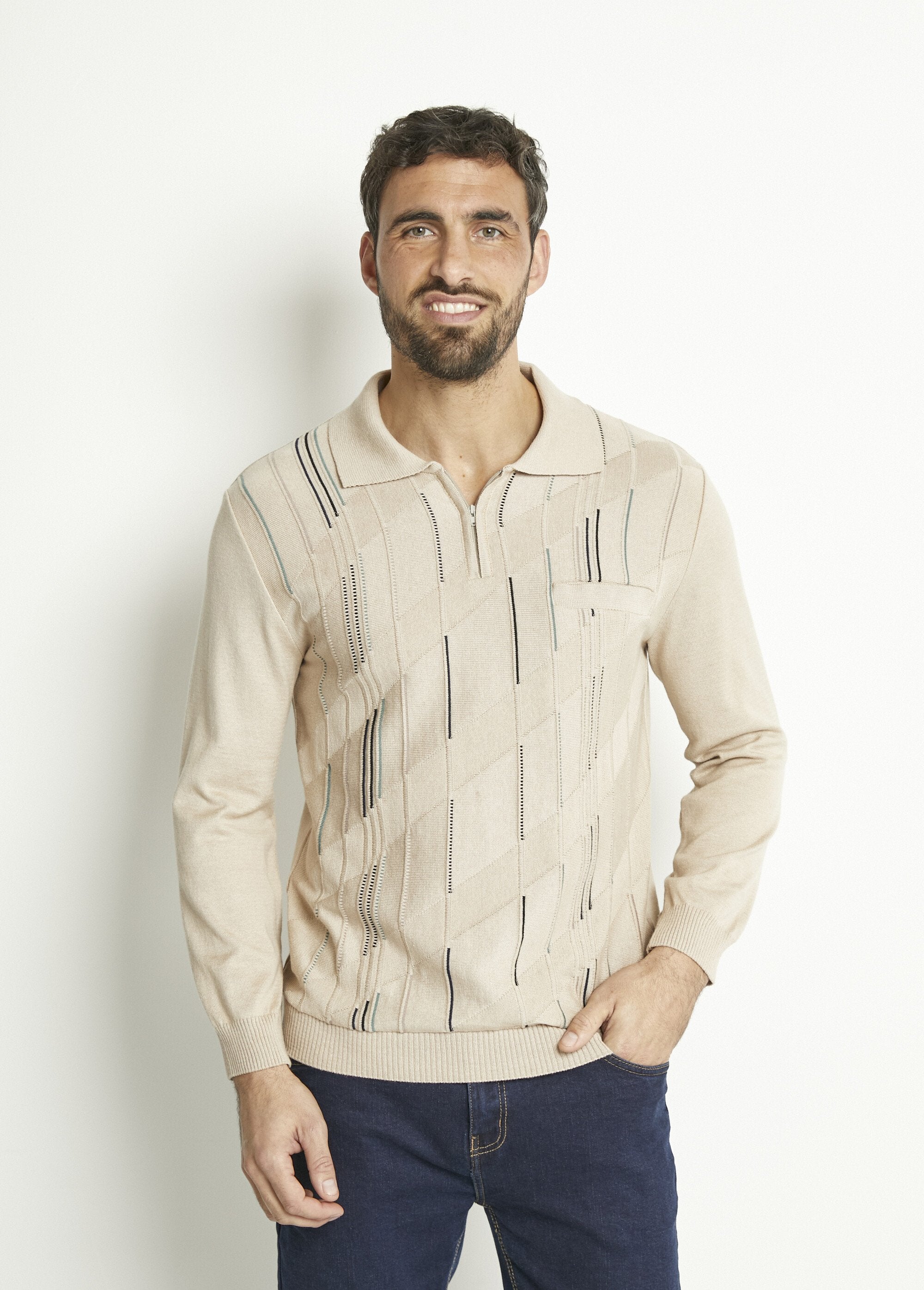 Polo_a_maniche_lunghe_in_cotone_jacquard_con_zip_Beige_FA1_slim