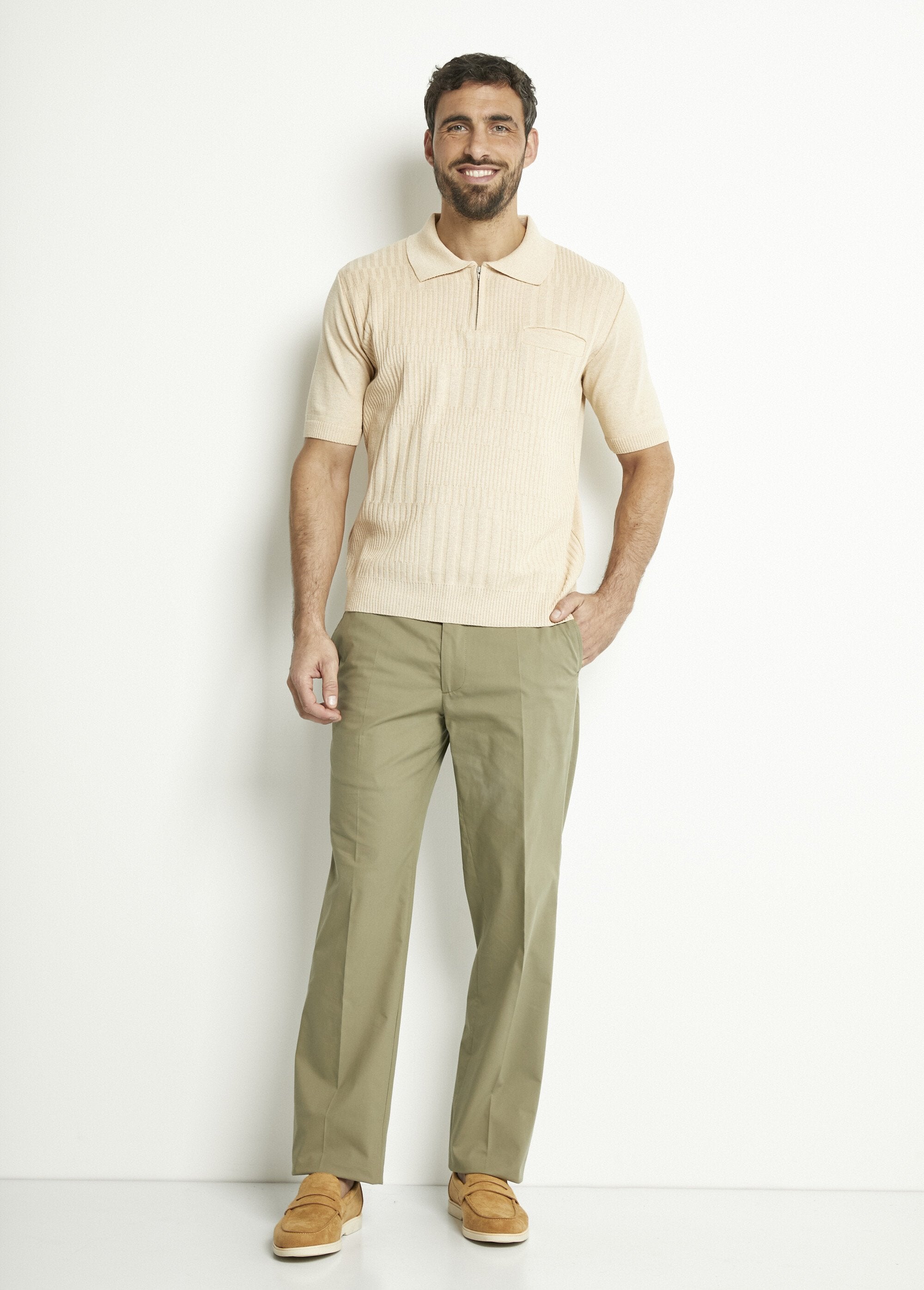 Polo_a_tinta_unita_con_zip,_maniche_corte,_cotone_cardato_Beige_SF1_slim