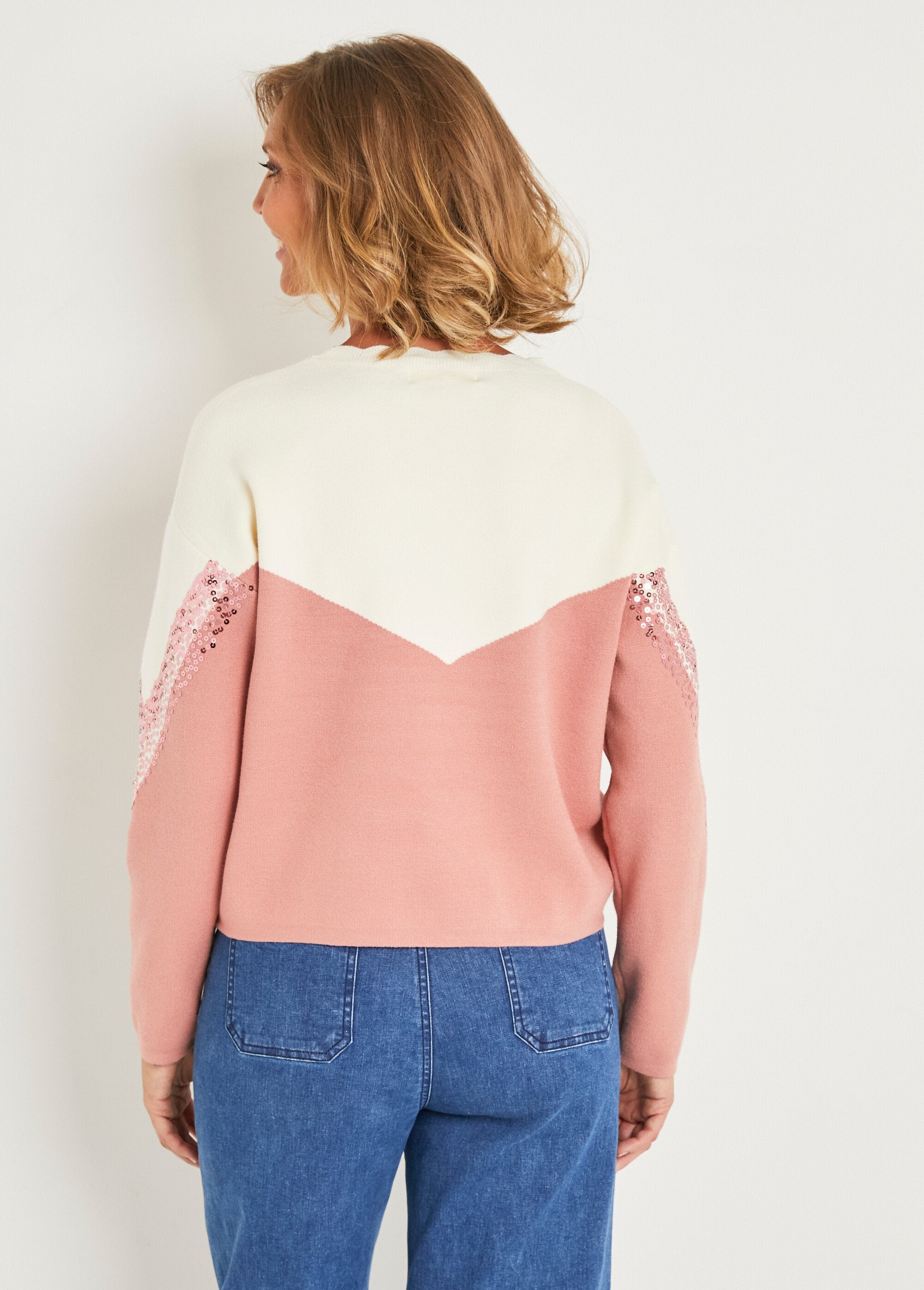 Maglia_bicolore_a_maniche_lunghe_in_paillettes_Beige_et_rose_DO1_slim