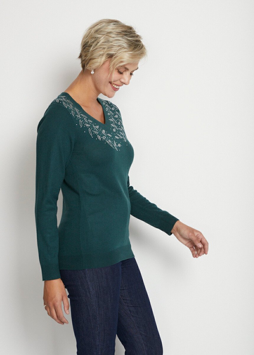 Maglia_a_maniche_lunghe_con_scollo_a_V_in_strass_Verde_pino_DR1_slim