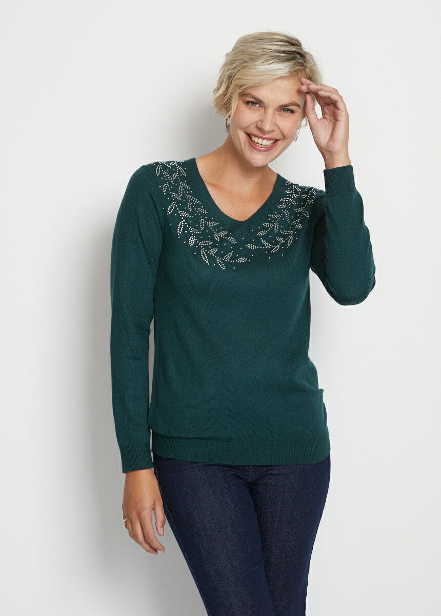 Maglia_a_maniche_lunghe_con_scollo_a_V_in_strass_Verde_pino_FA1_slim