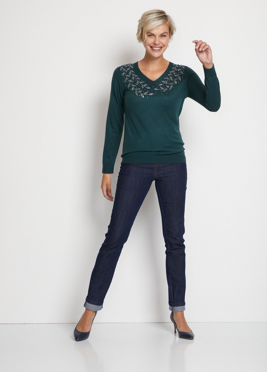 Maglia_a_maniche_lunghe_con_scollo_a_V_in_strass_Verde_pino_SF1_slim