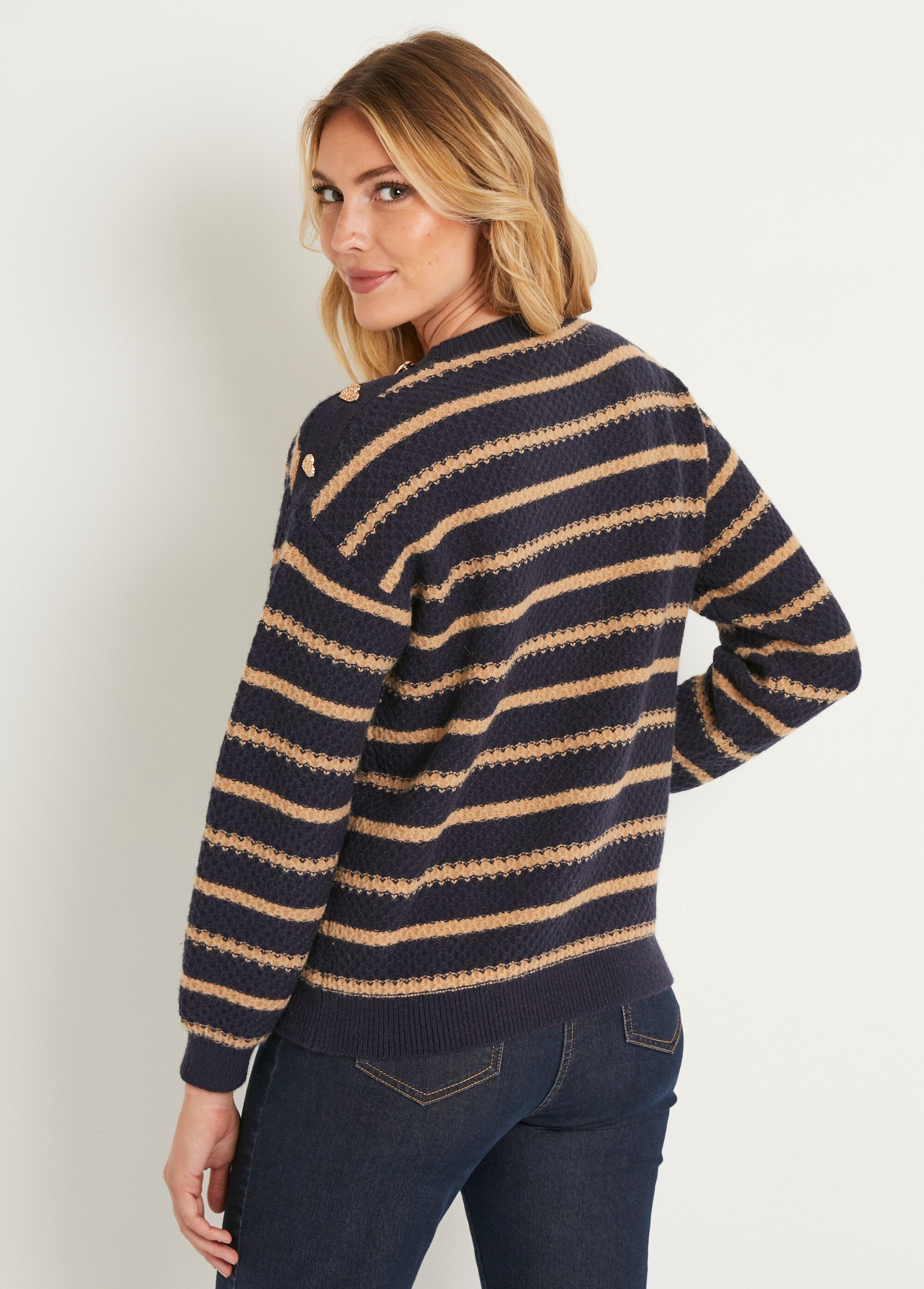 Pull_doux_rayé_col_rond_maille_fantaisie_Marine_et_camel_DO1_slim