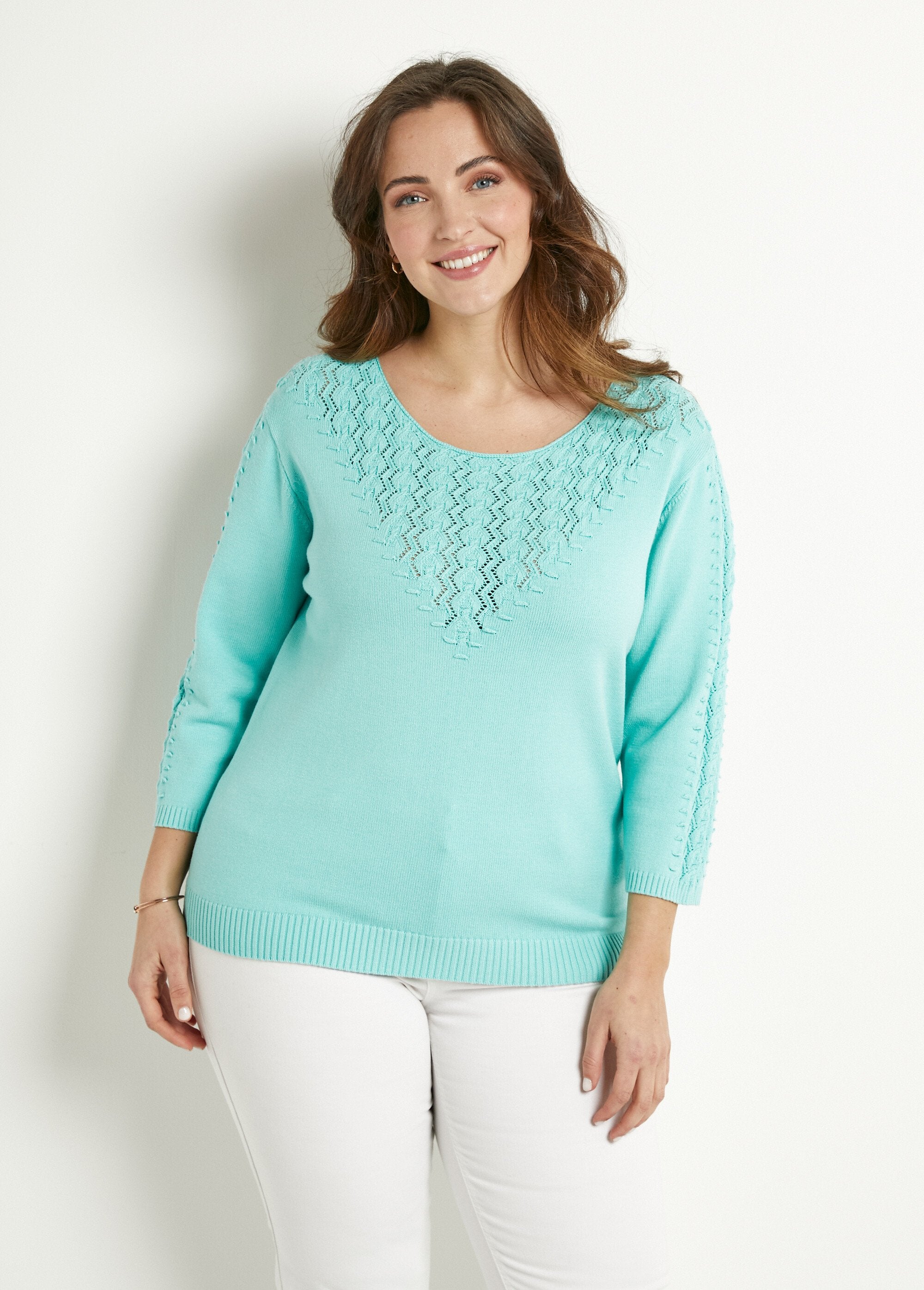 Morbido_maglione_tinta_unita_con_scollo_rotondo_in_maglia_fantasia_Aqua_FA1_curvy
