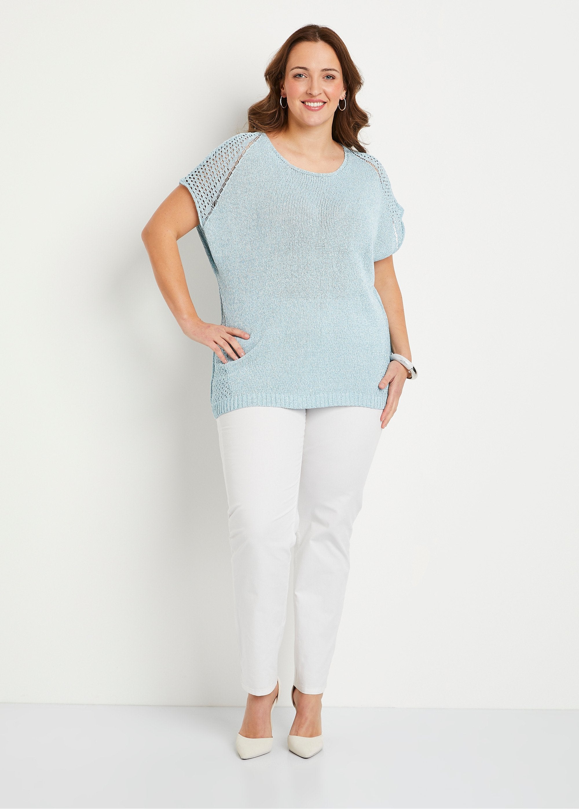 Maglia_sottile_traforata,_maniche_corte_Blu_SF1_curvy