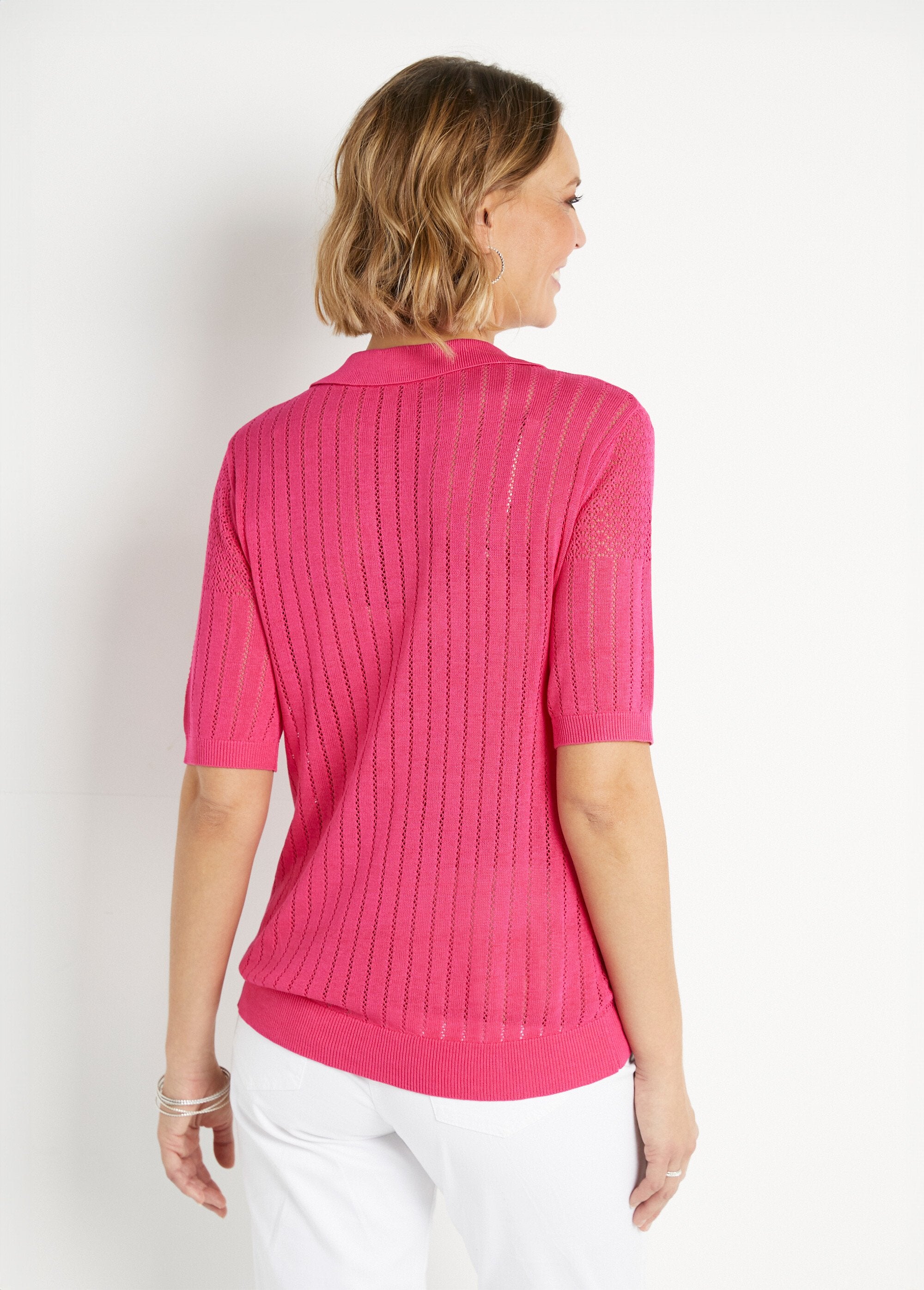 Maglione_sottile_traforato_con_scollo_a_polo_e_maniche_corte_Fuchsia_DO1_slim