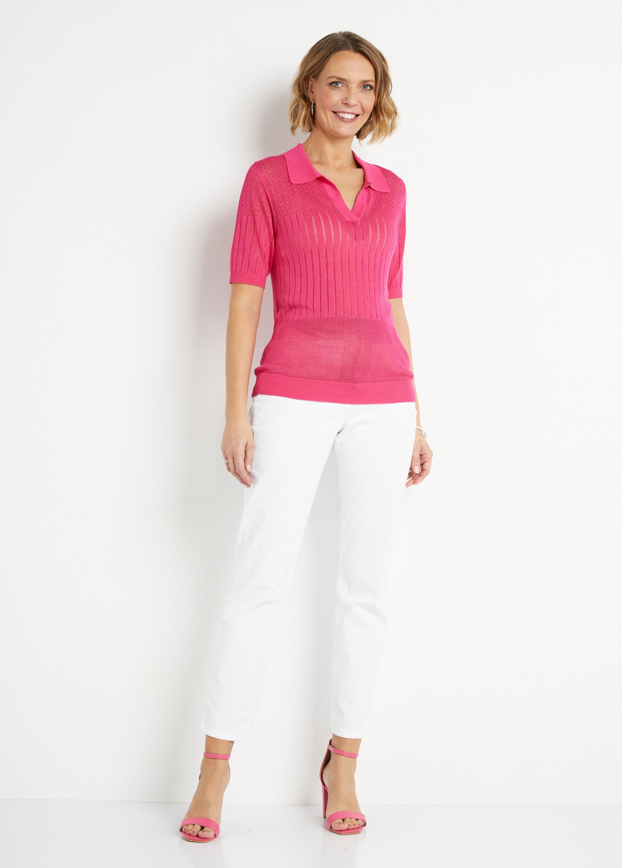 Maglione_sottile_traforato_con_scollo_a_polo_e_maniche_corte_Fuchsia_SF1_slim