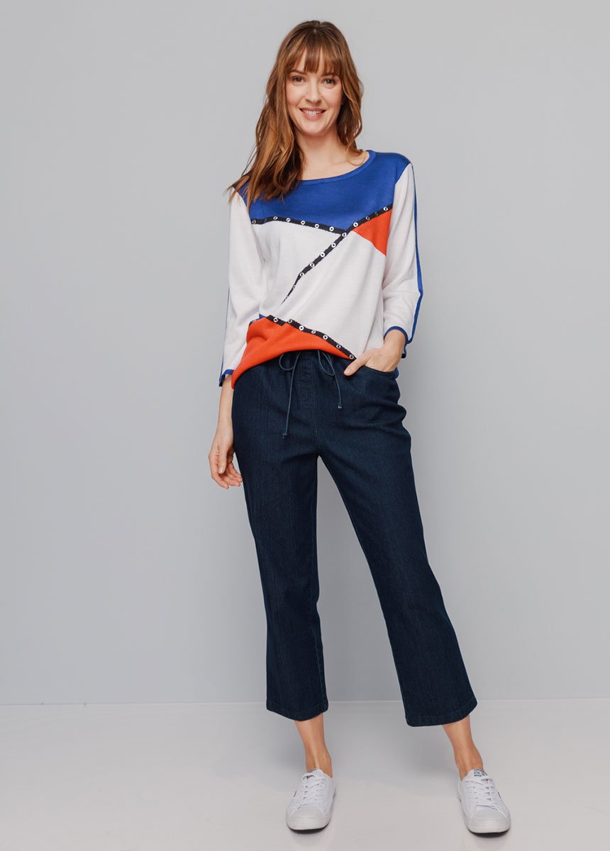 Maglia_intarsiata_con_maniche_a_3/4_Jacquard_bleu_et_rouge_SF1_slim