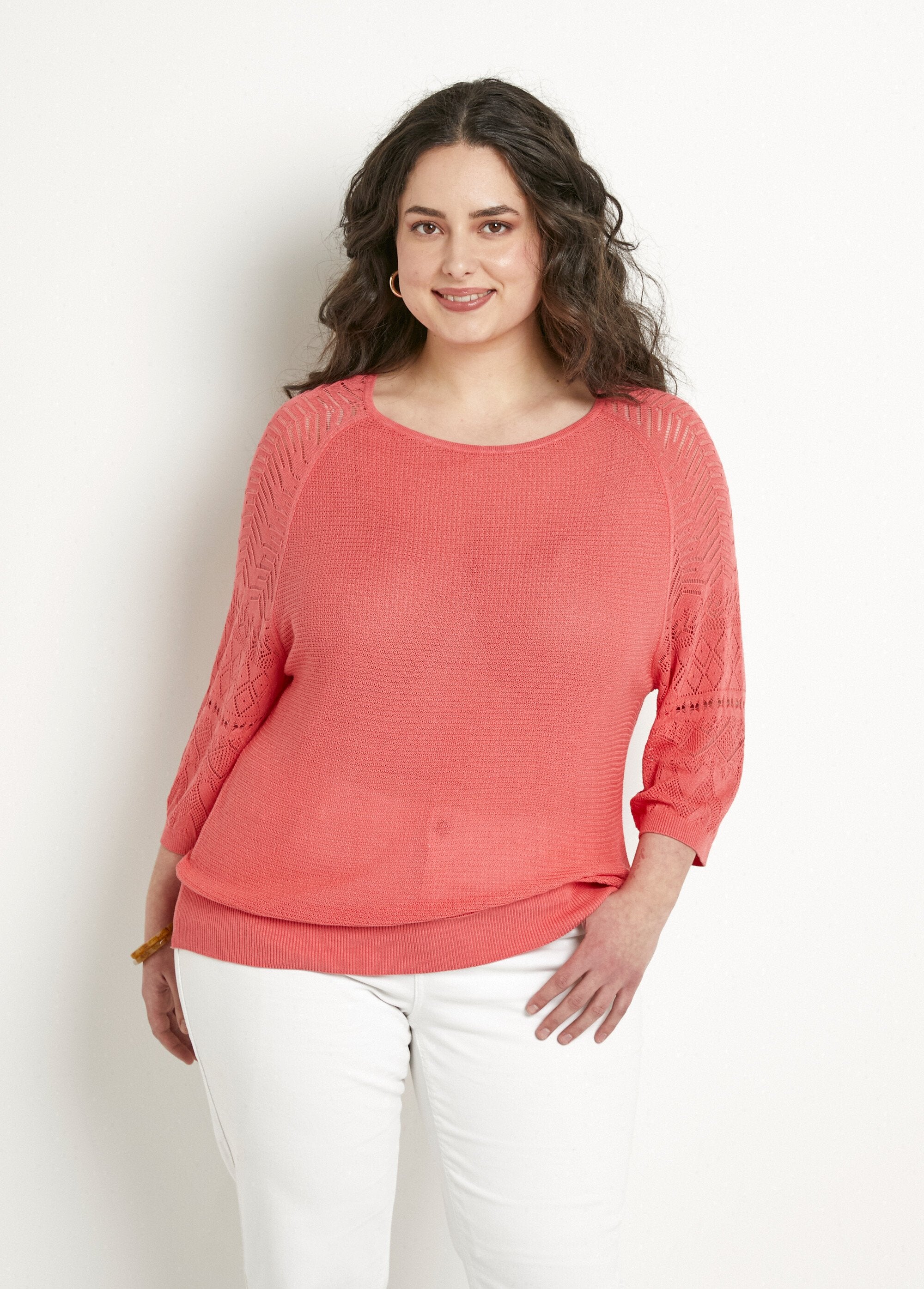 Maglia_leggera_con_maniche_raglan_a_3/4_e_scollo_rotondo_Corail_FA1_curvy