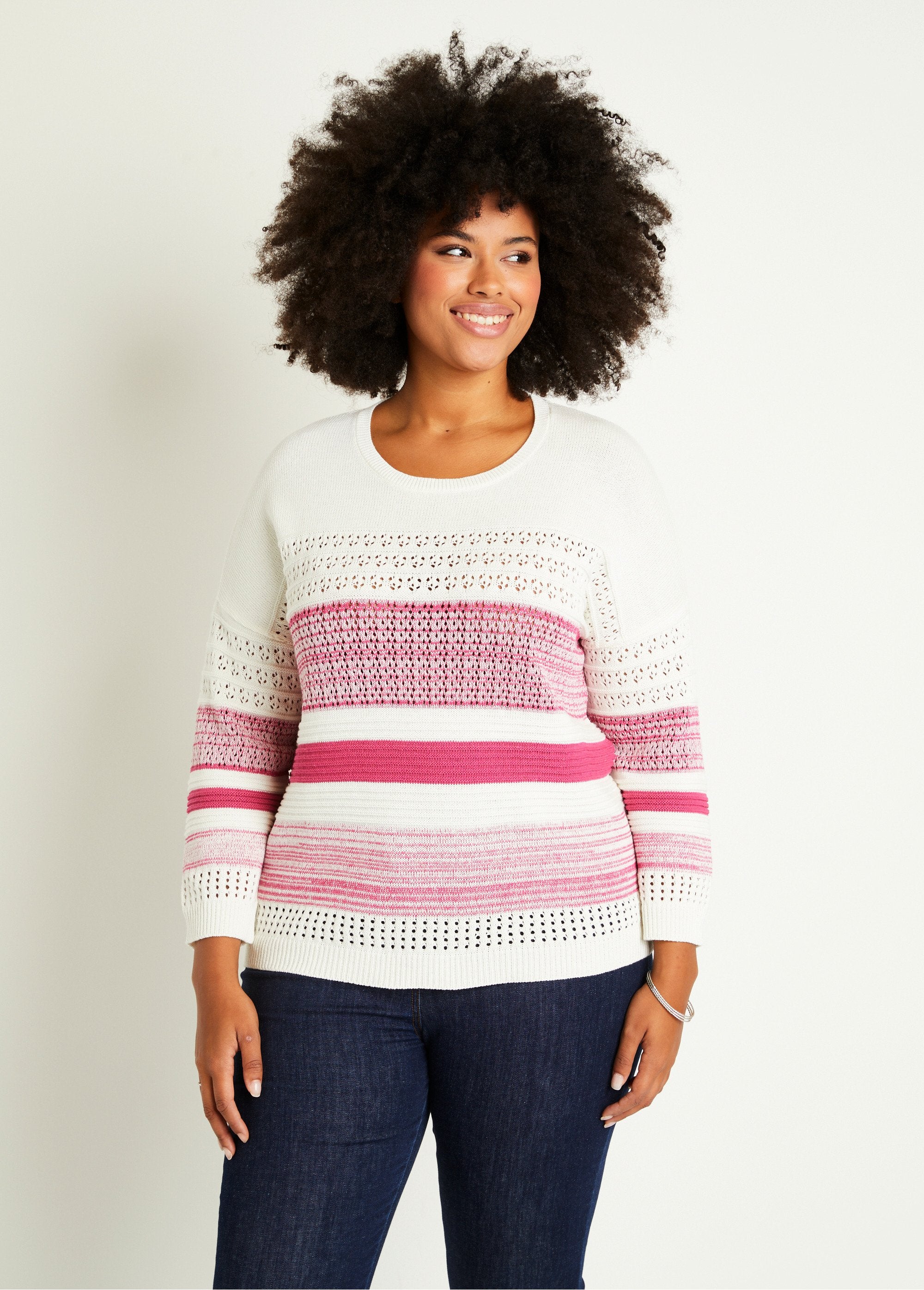 Maglia_traforata_con_maniche_a_3/4_in_misto_cotone_Fucsia_FA1_curvy