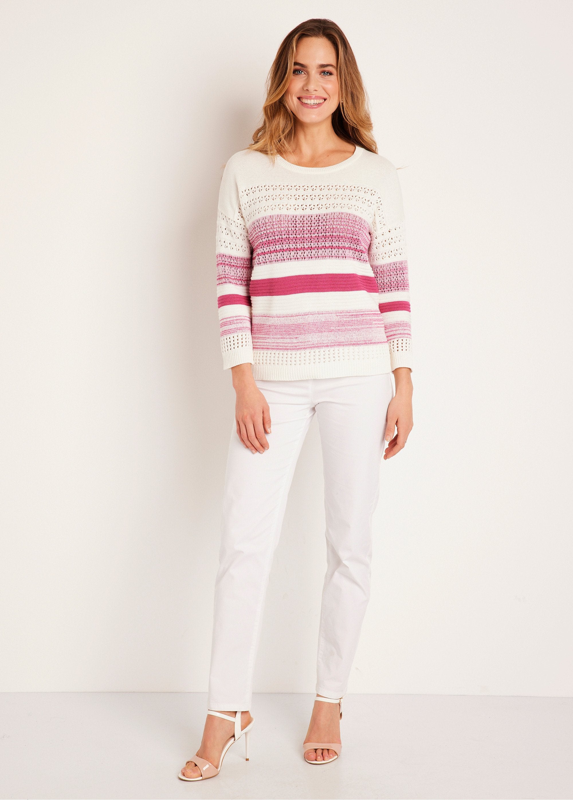 Maglia_traforata_con_maniche_a_3/4_in_misto_cotone_Fucsia_SF1_slim