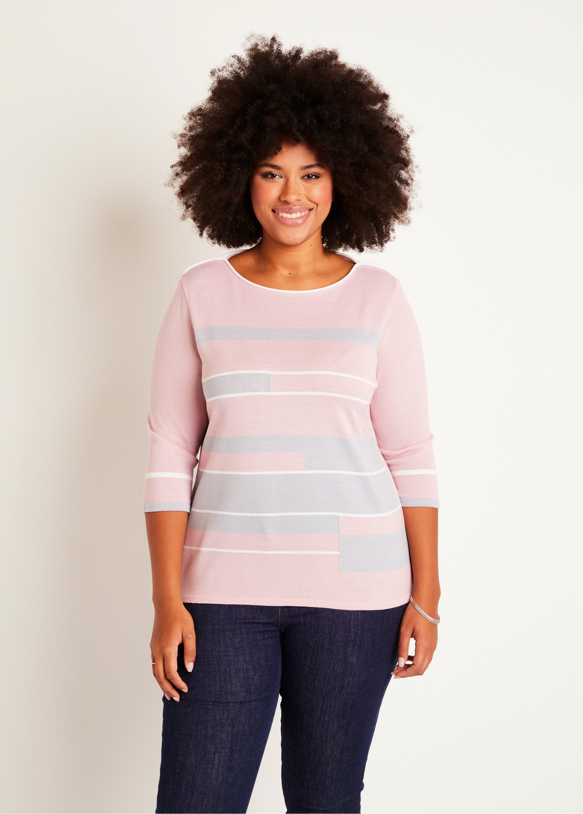 Maglia_con_scollo_a_barca_e_maniche_a_3/4_Rosa_e_grigio_FA1_curvy