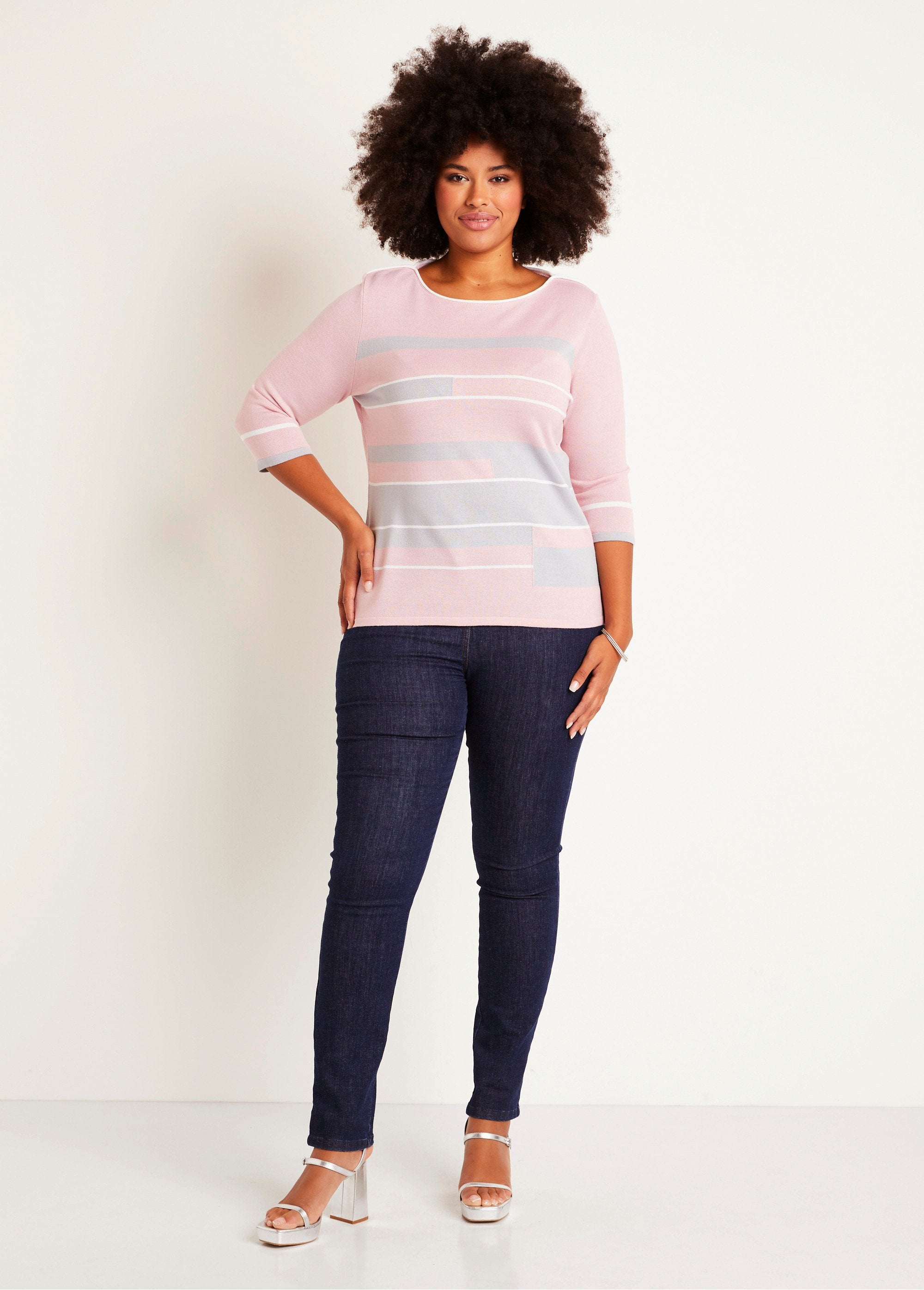 Maglia_con_scollo_a_barca_e_maniche_a_3/4_Rosa_e_grigio_SF1_curvy