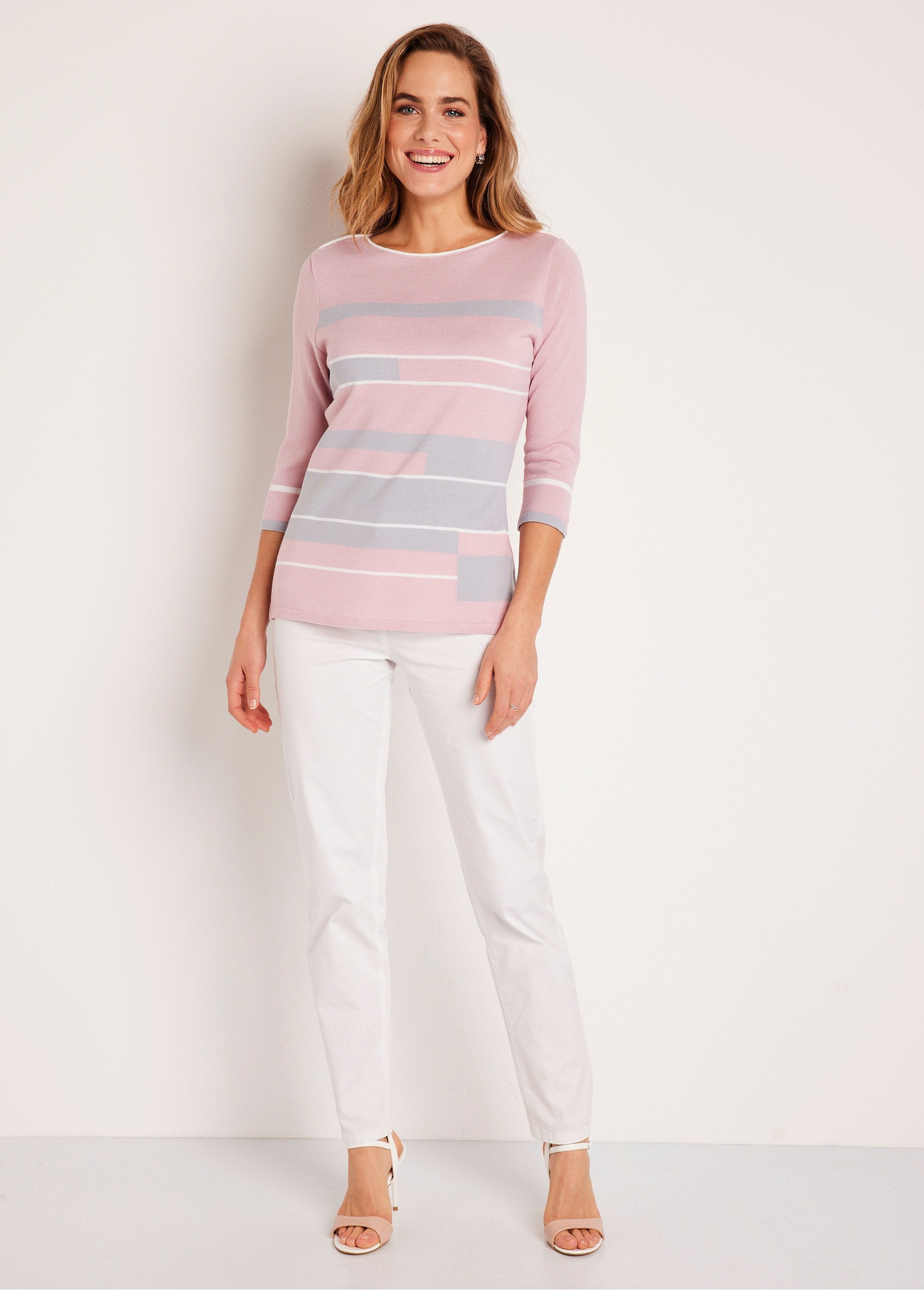 Maglia_con_scollo_a_barca_e_maniche_a_3/4_Rosa_e_grigio_SF1_slim