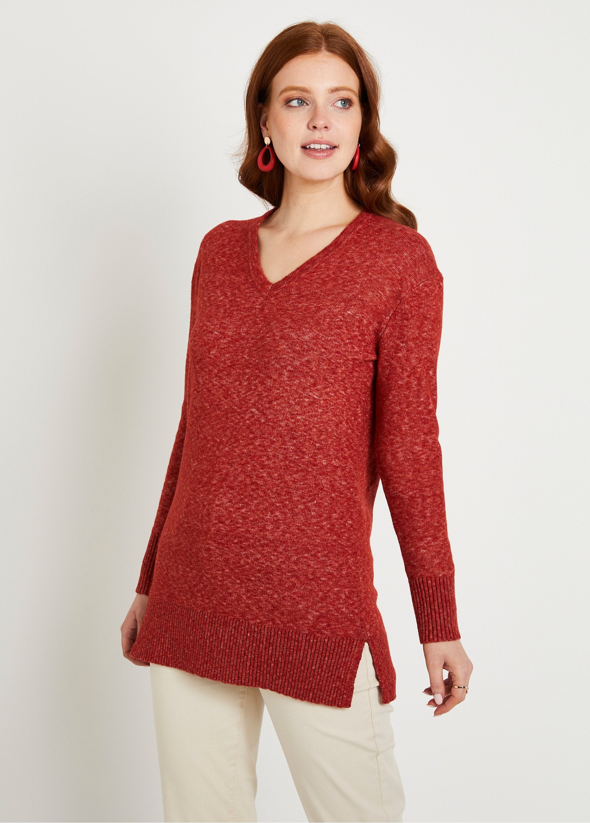 Pull_tunique_chiné_long_col_V_avec_laine_Brique_FA1_slim