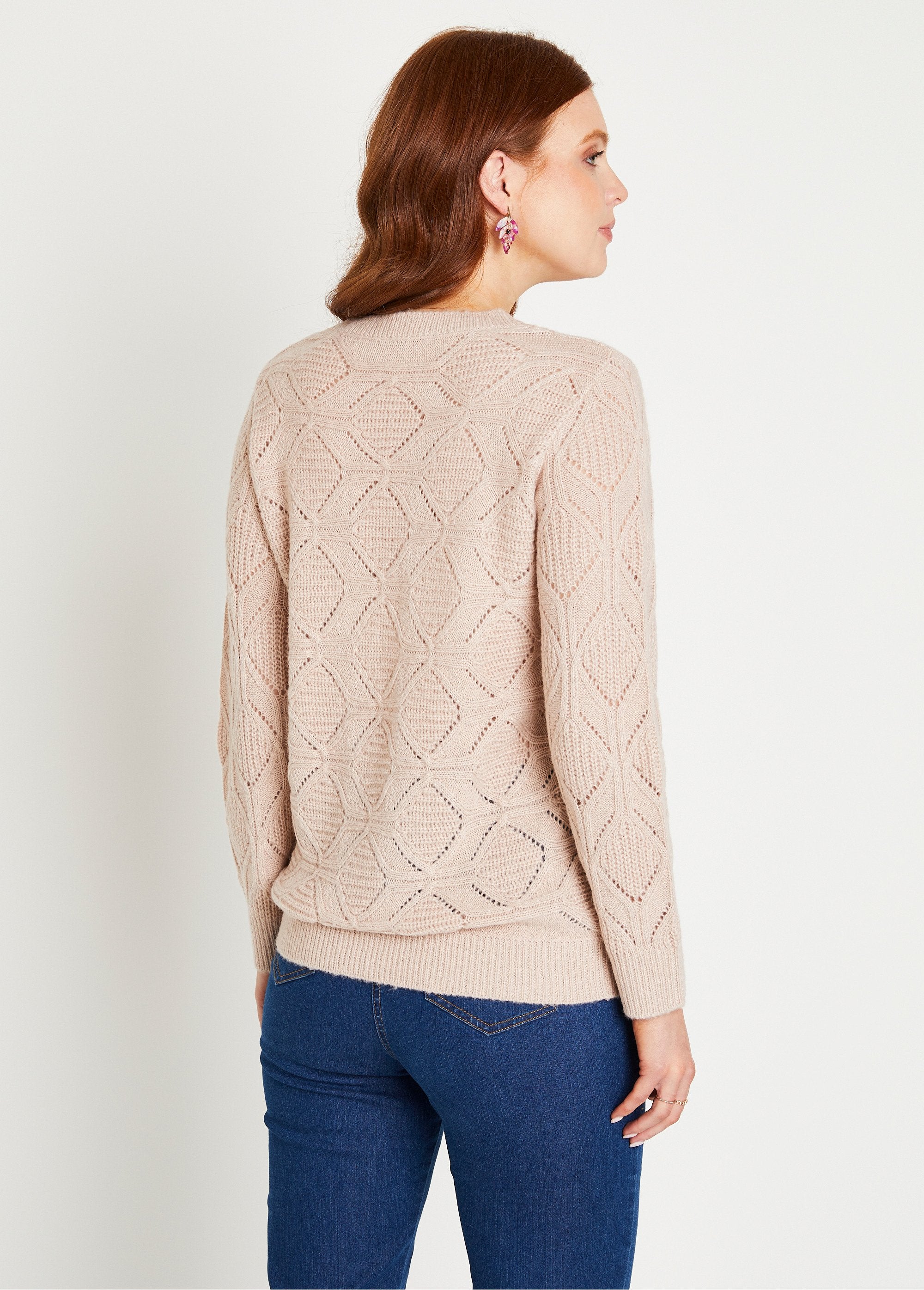 Pull_tunique_mi_long_uni_col_rond_maille_ajourée_Beige_rose_DO1_slim