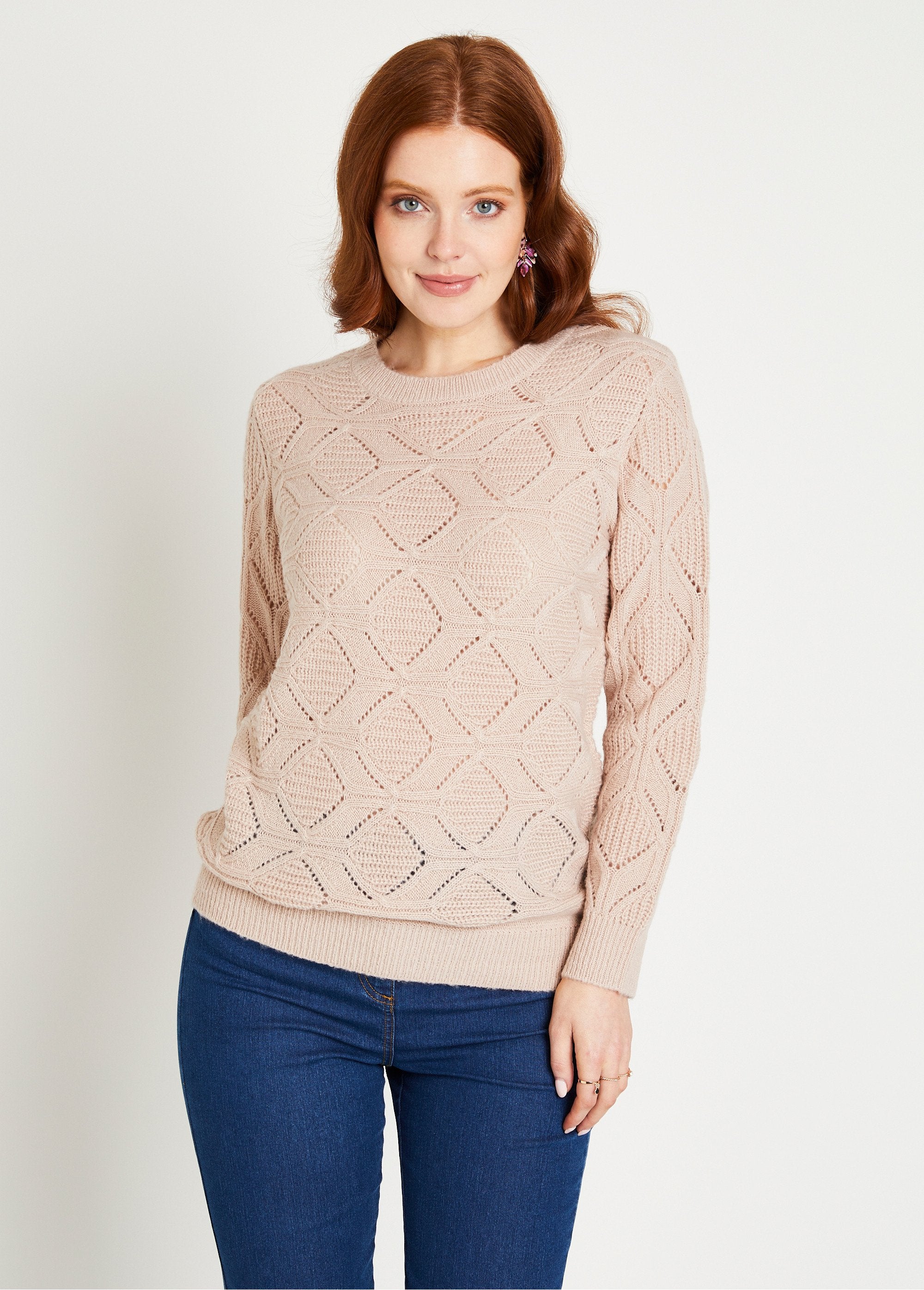 Pull_tunique_mi_long_uni_col_rond_maille_ajourée_Beige_rose_FA1_slim