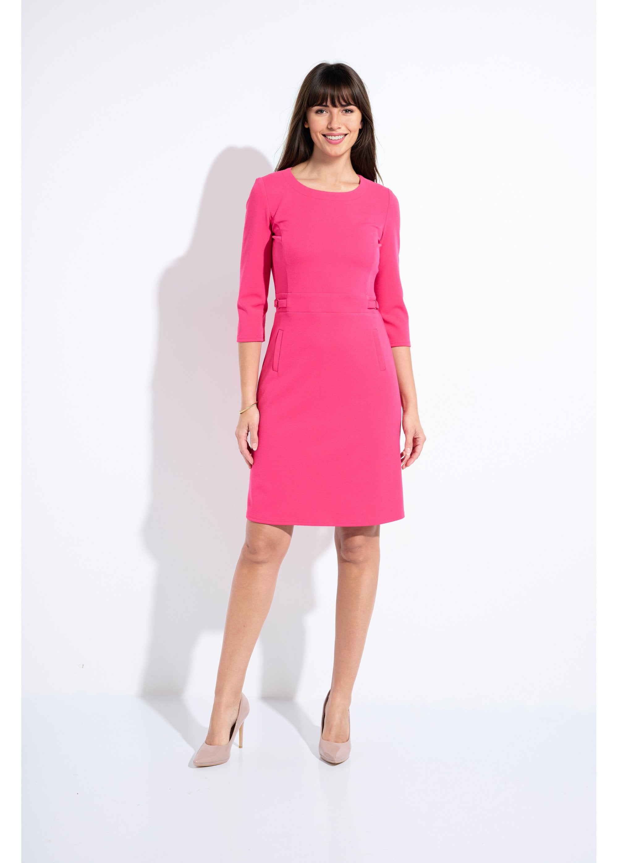Abito_dritto_con_maniche_a_3/4_in_morbida_maglia_Fuchsia_FA1_slim