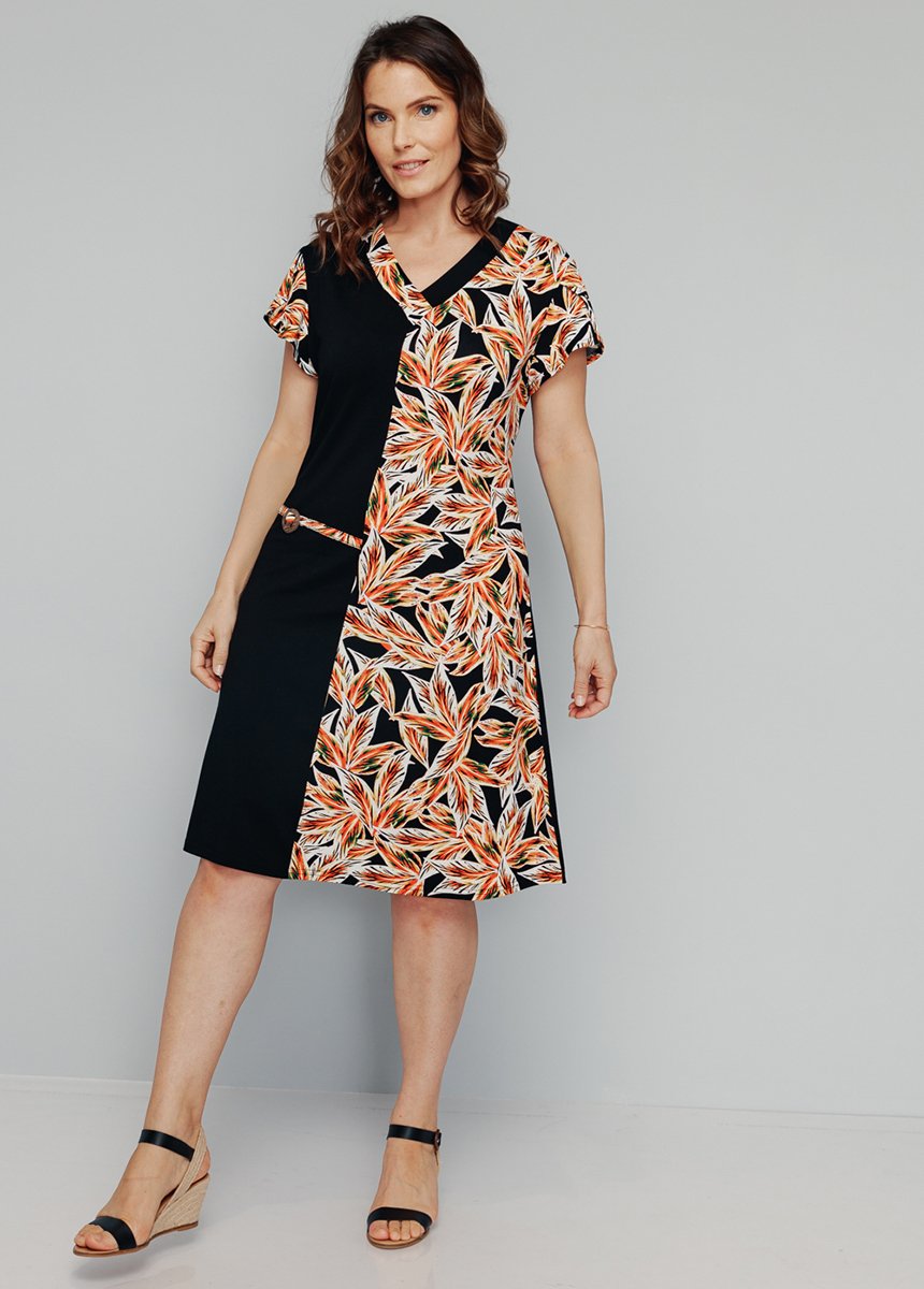 Abito_in_maglia_elasticizzata_fantasia_Noir_et_corail_FA1_slim