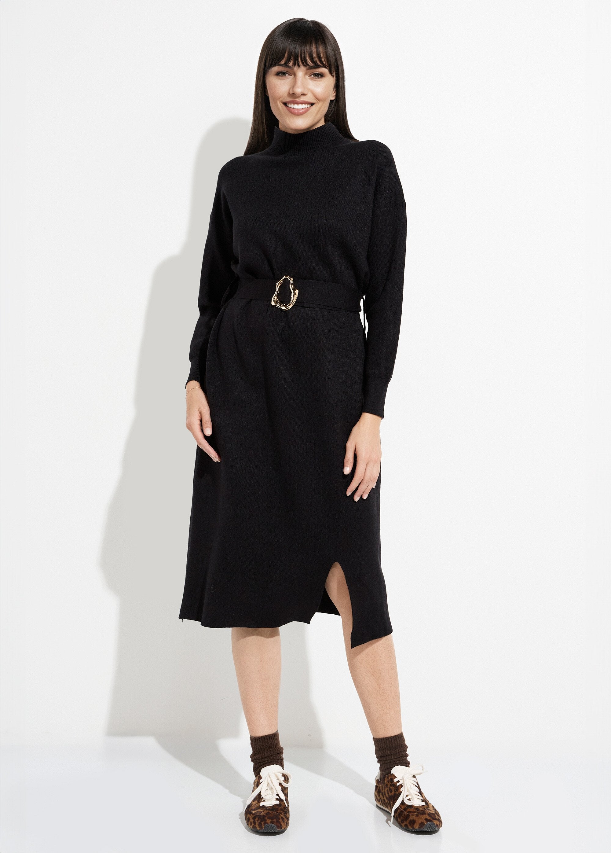 Abito_in_maglina_con_collo_alto_e_cintura_in_metallo_Noir_FA1_slim