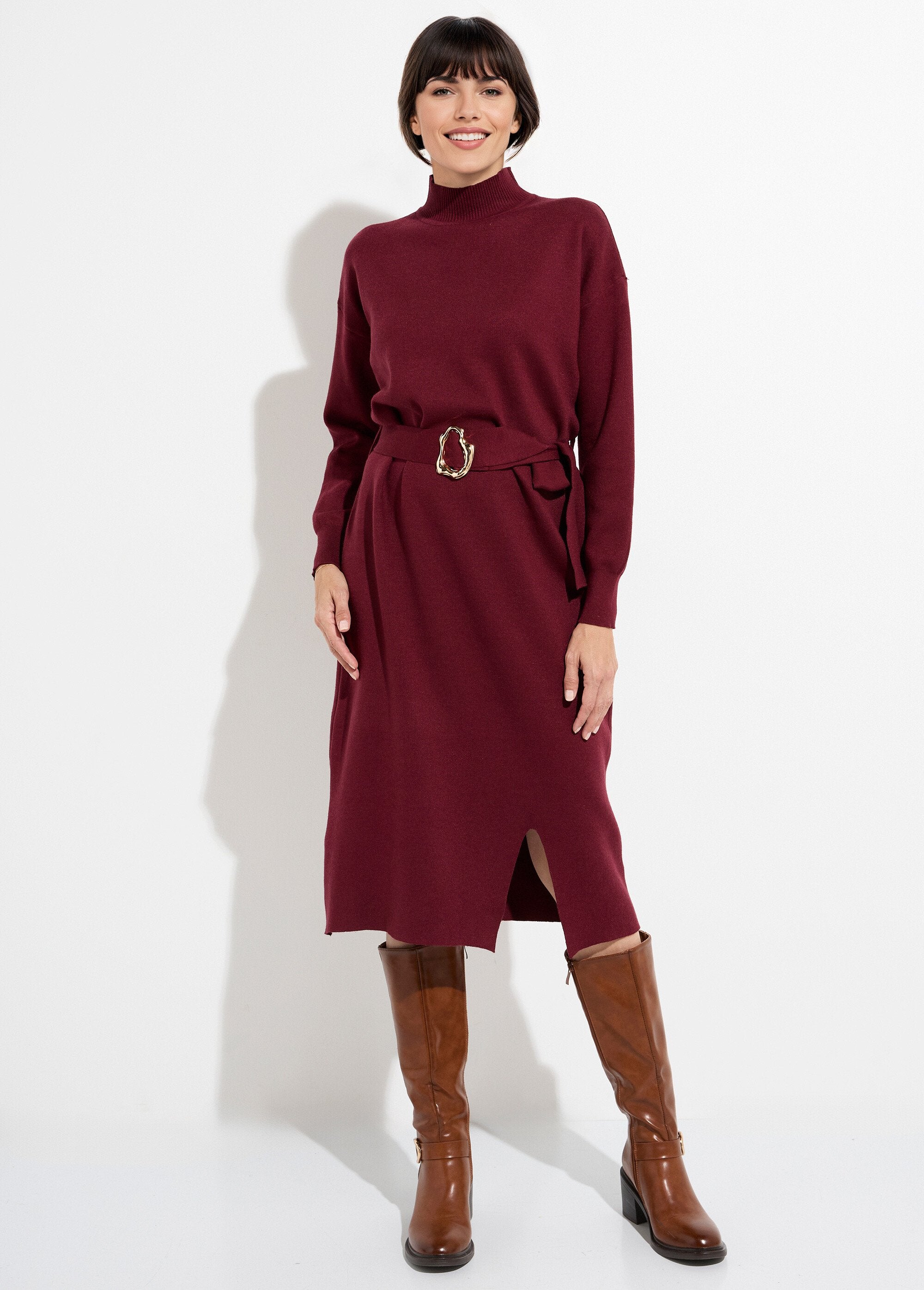 Abito_in_maglina_con_collo_alto_e_cintura_in_metallo_Bordeaux_FA1_slim
