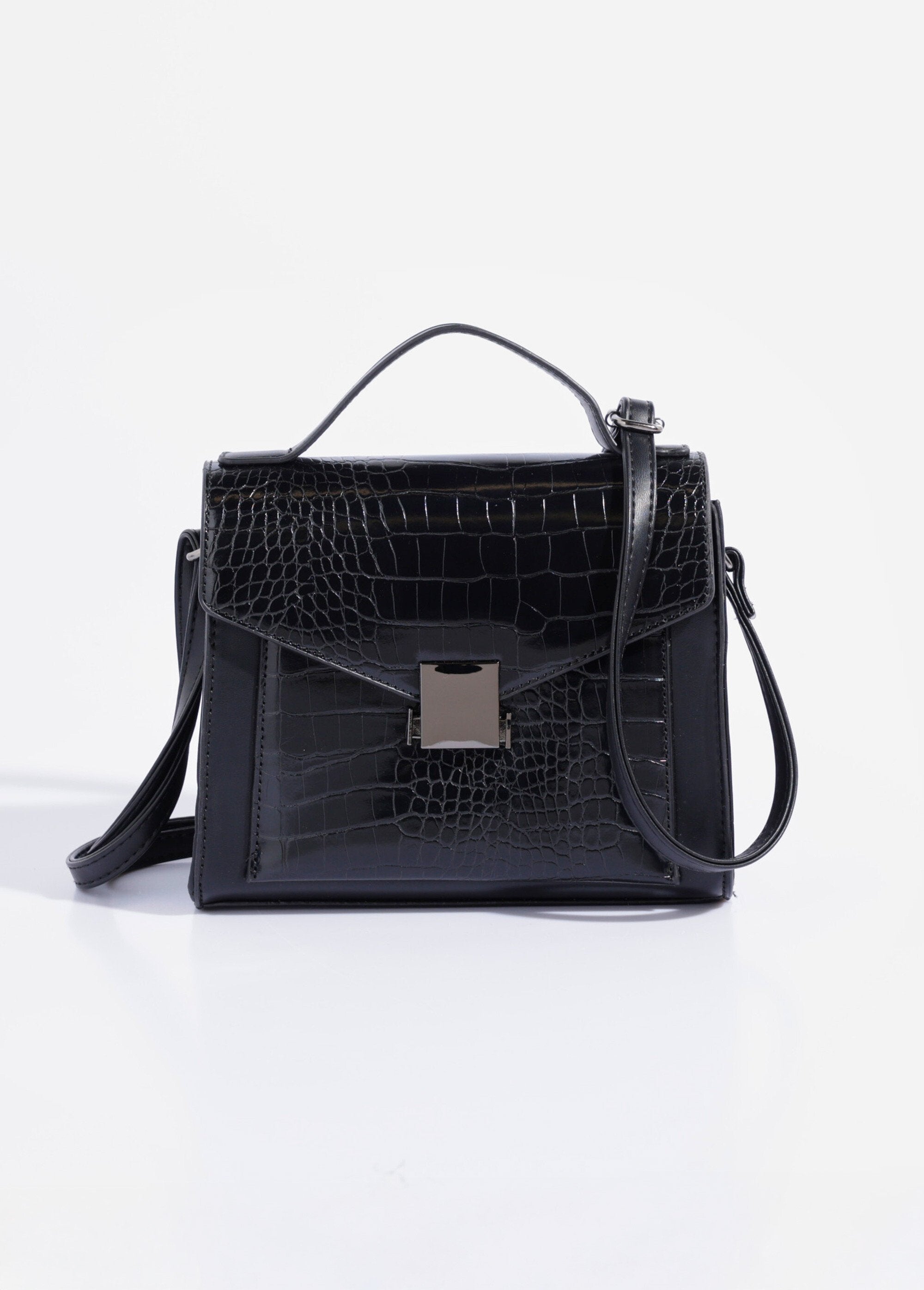Borsa_a_mano_in_look_rettile,_manico_corto_Noir_FA1_slim