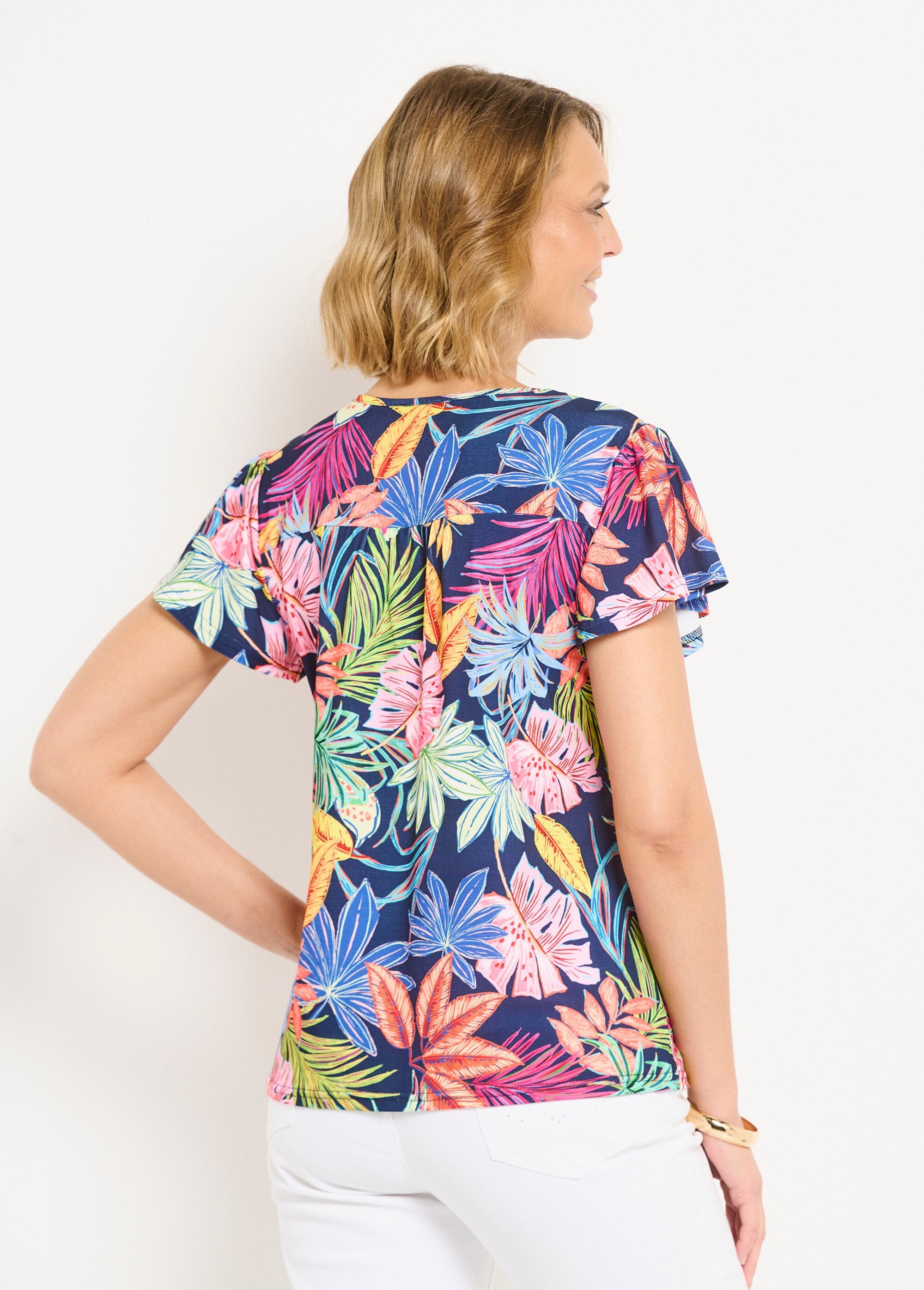 T-shirt_aderente_con_scollo_a_V_e_stampa_di_foglie,_maniche_corte_Marine_et_rose_DO1_slim
