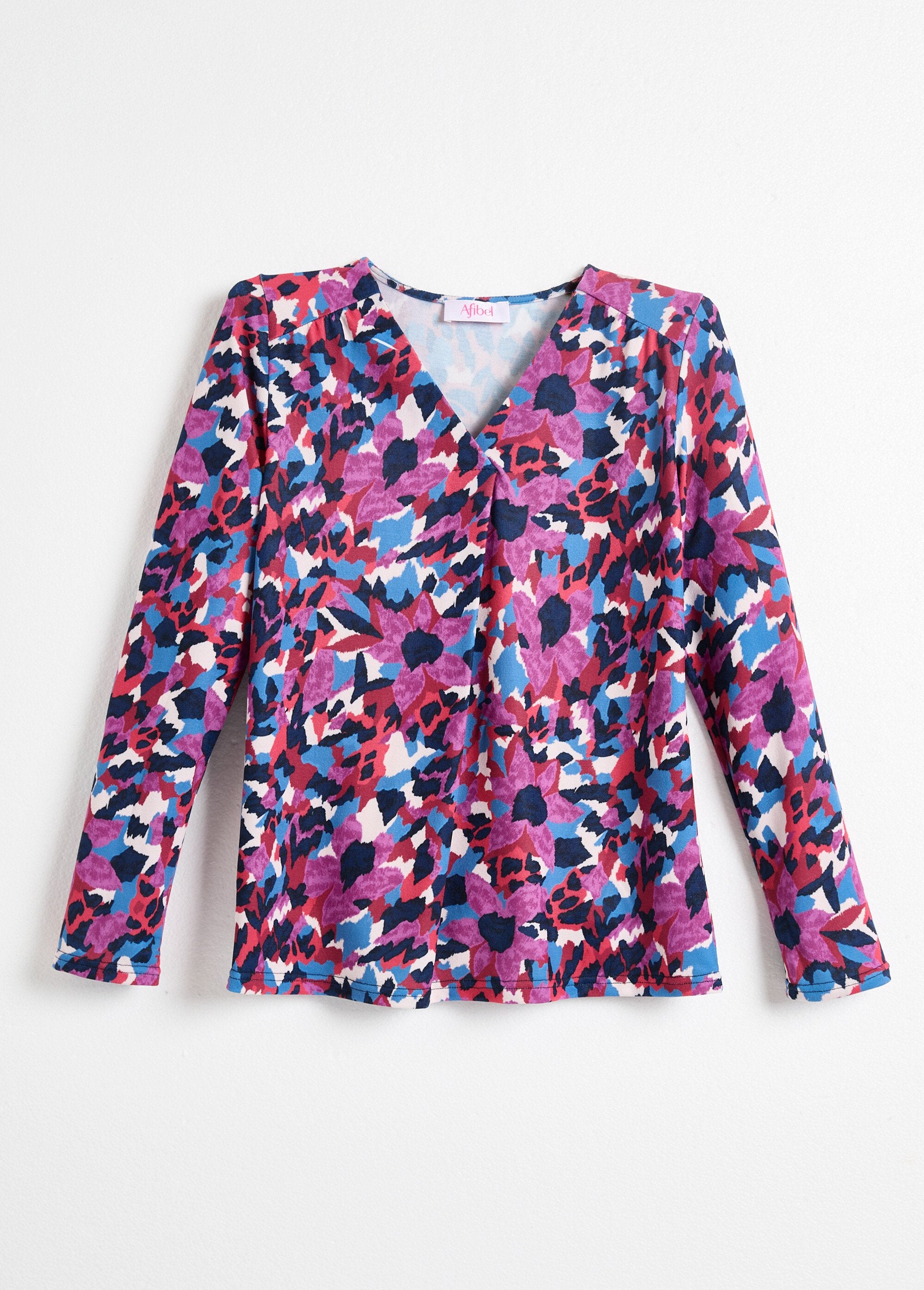 T-shirt_calda_con_scollo_a_V_e_stampa_multicolore_Imprime_bleu_AP1_slim