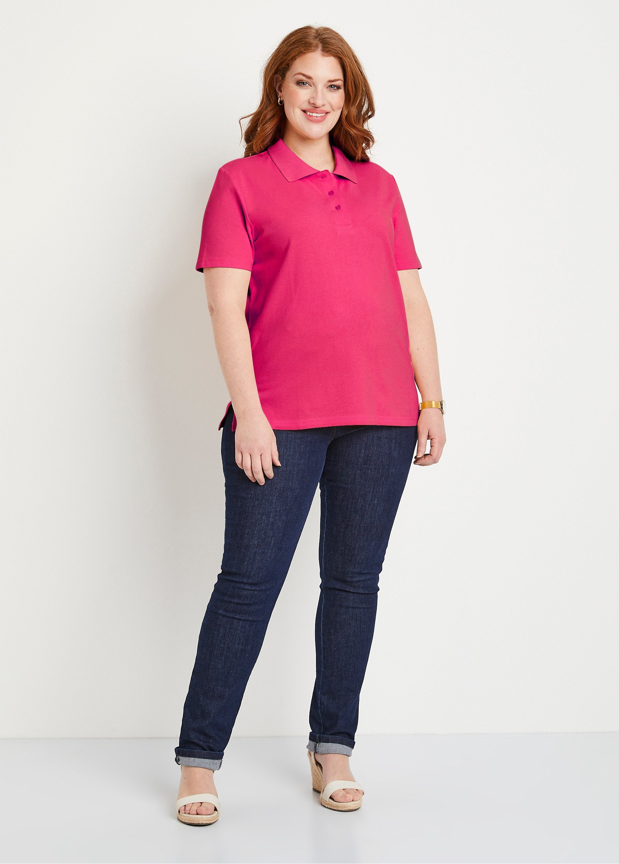 T-shirt_con_collo_a_polo_in_cotone_lavorato_a_maglia_Fucsia_SF1_curvy