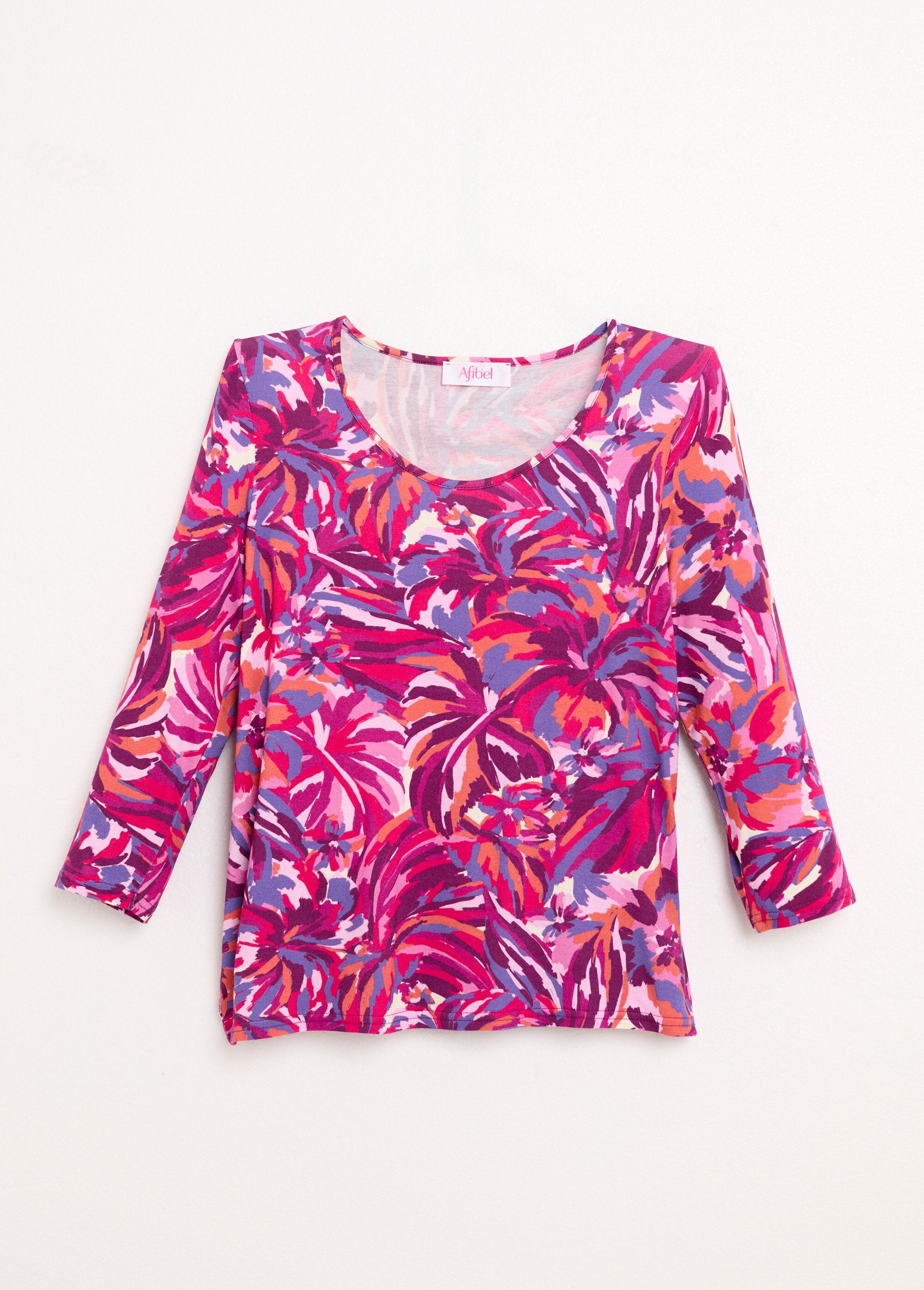 T-shirt_stampata_con_scollo_rotondo_e_maniche_a_3/4_Imprime_fuchsia_AP1_slim