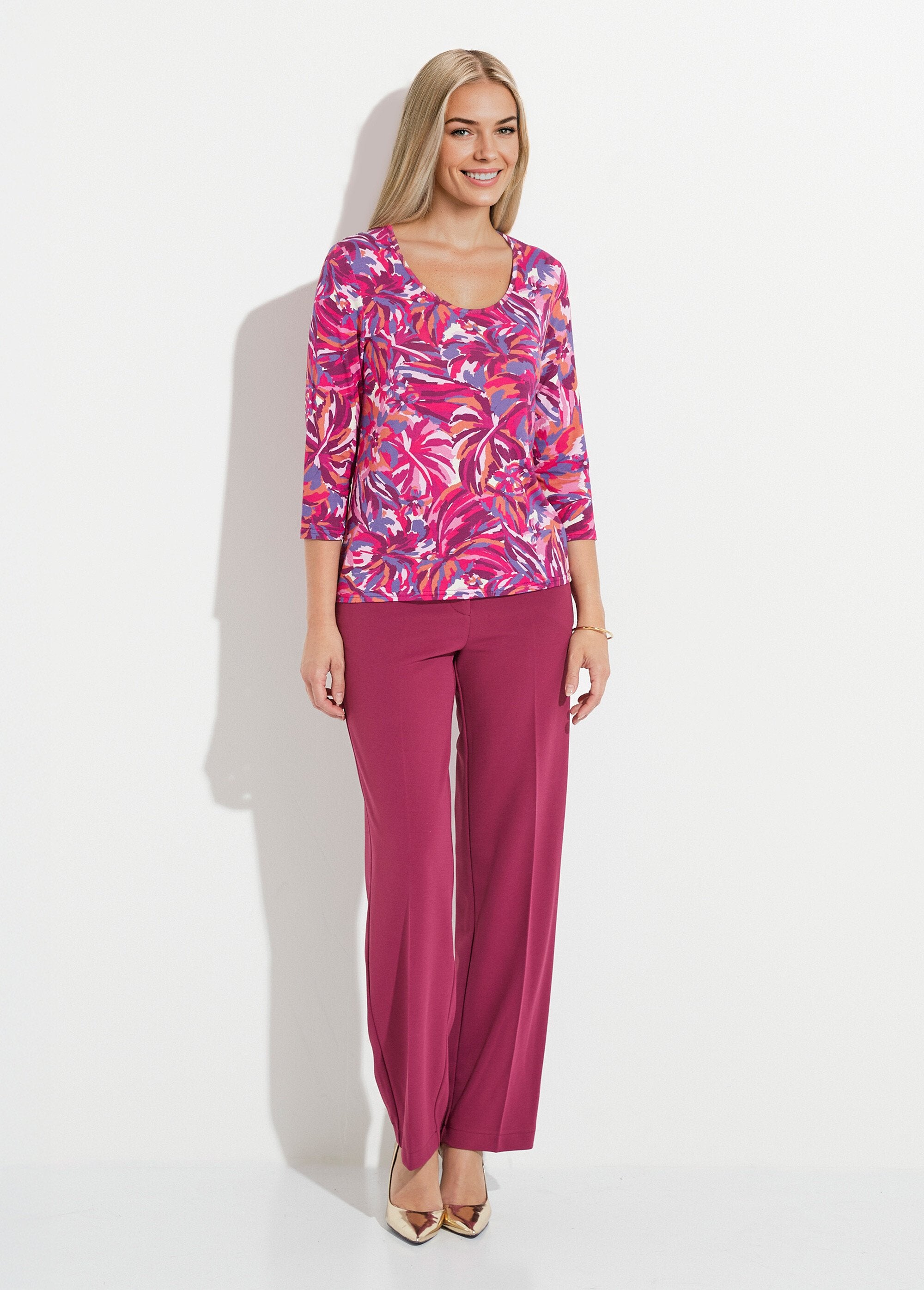 T-shirt_stampata_con_scollo_rotondo_e_maniche_a_3/4_Imprime_fuchsia_SF1_slim