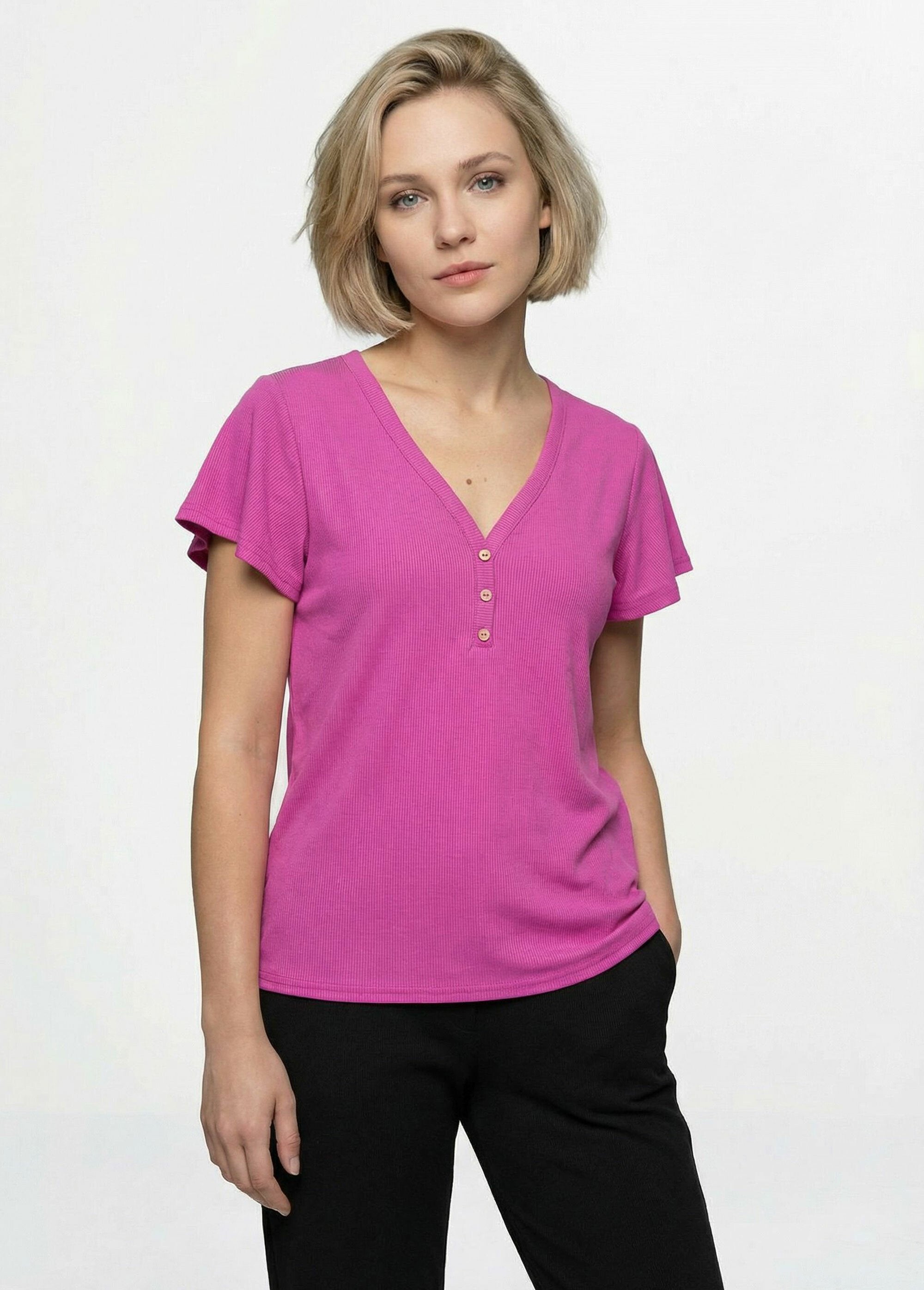 T-shirt_in_jersey_a_coste_con_scollo_a_V,_Essentiel_Fuchsia_FA1_slim