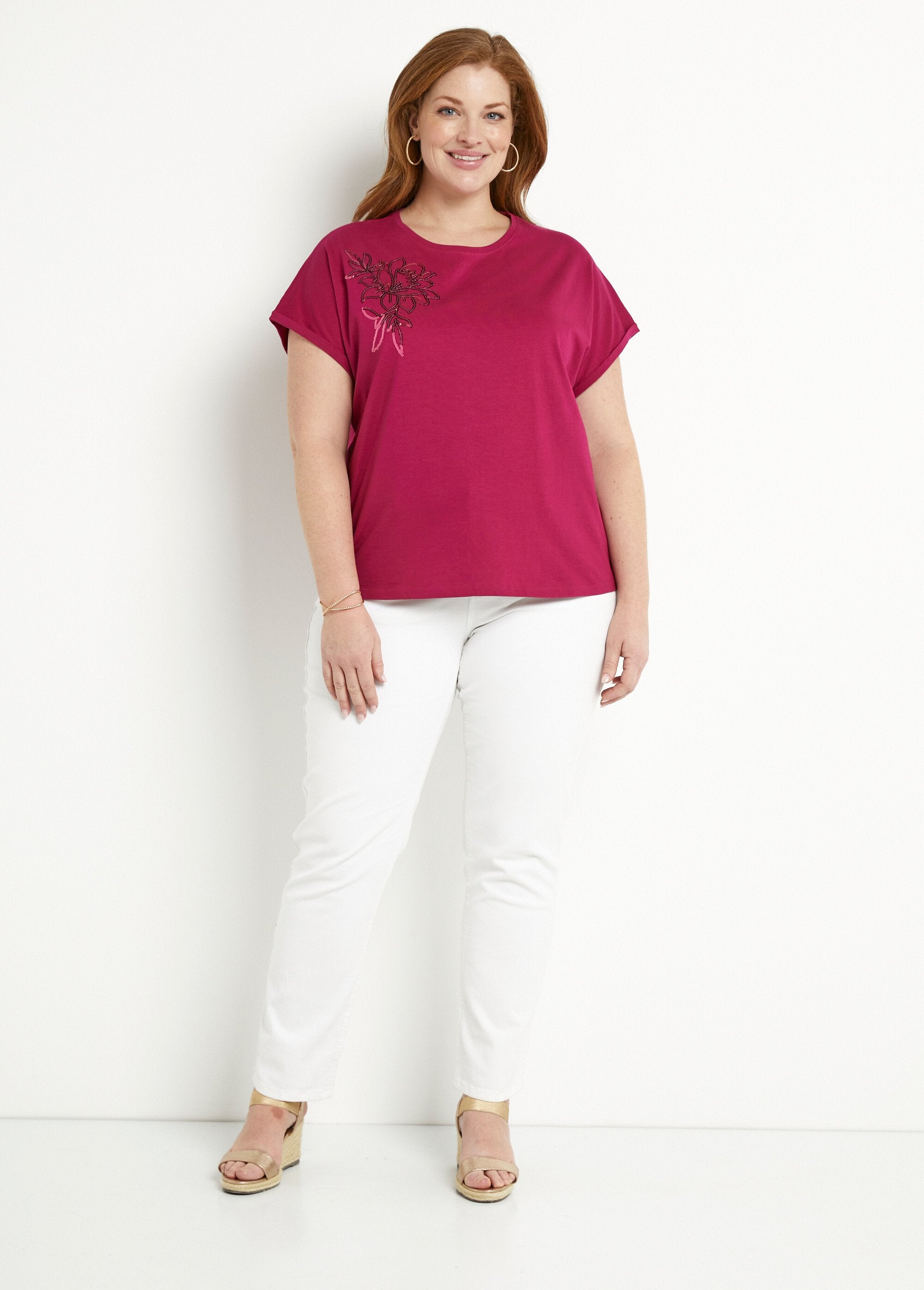 T-shirt_in_cotone_tinta_unita_con_paillettes,_maniche_corte_Cassis_SF1_curvy