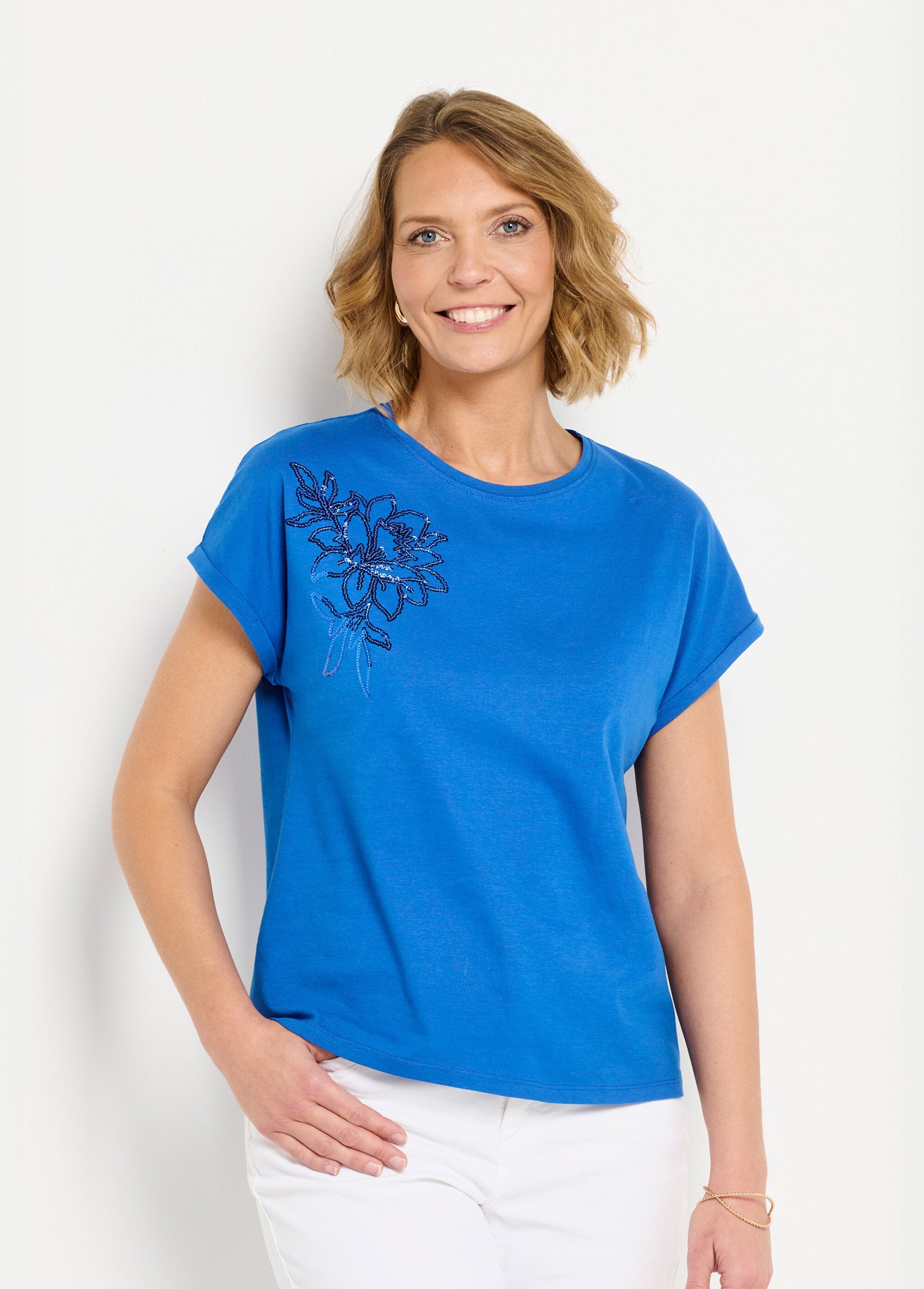T-shirt_in_cotone_tinta_unita_con_paillettes,_maniche_corte_Bleu_dur_FA1_slim