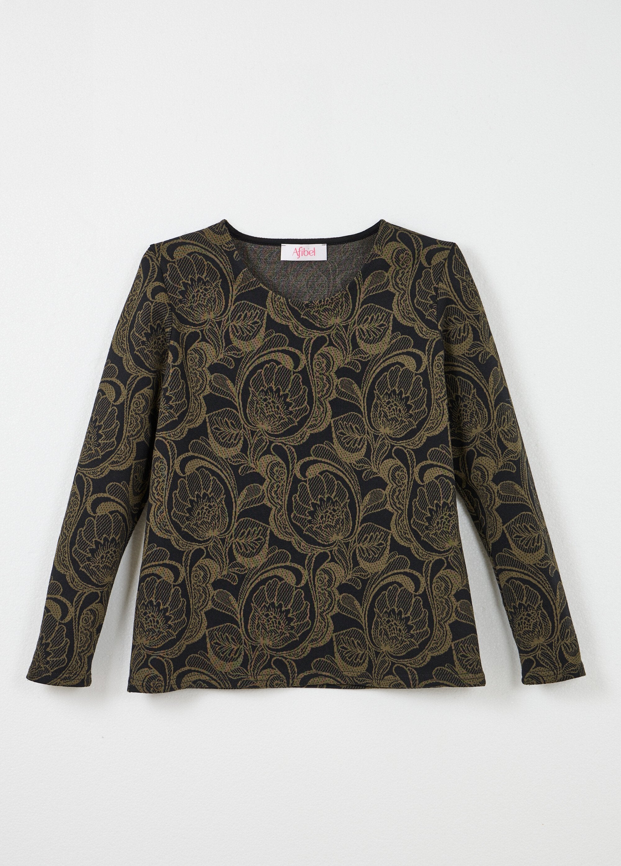 T-shirt_con_scollo_rotondo_in_jacquard_floreale_Noir_et_camel_AP1_slim