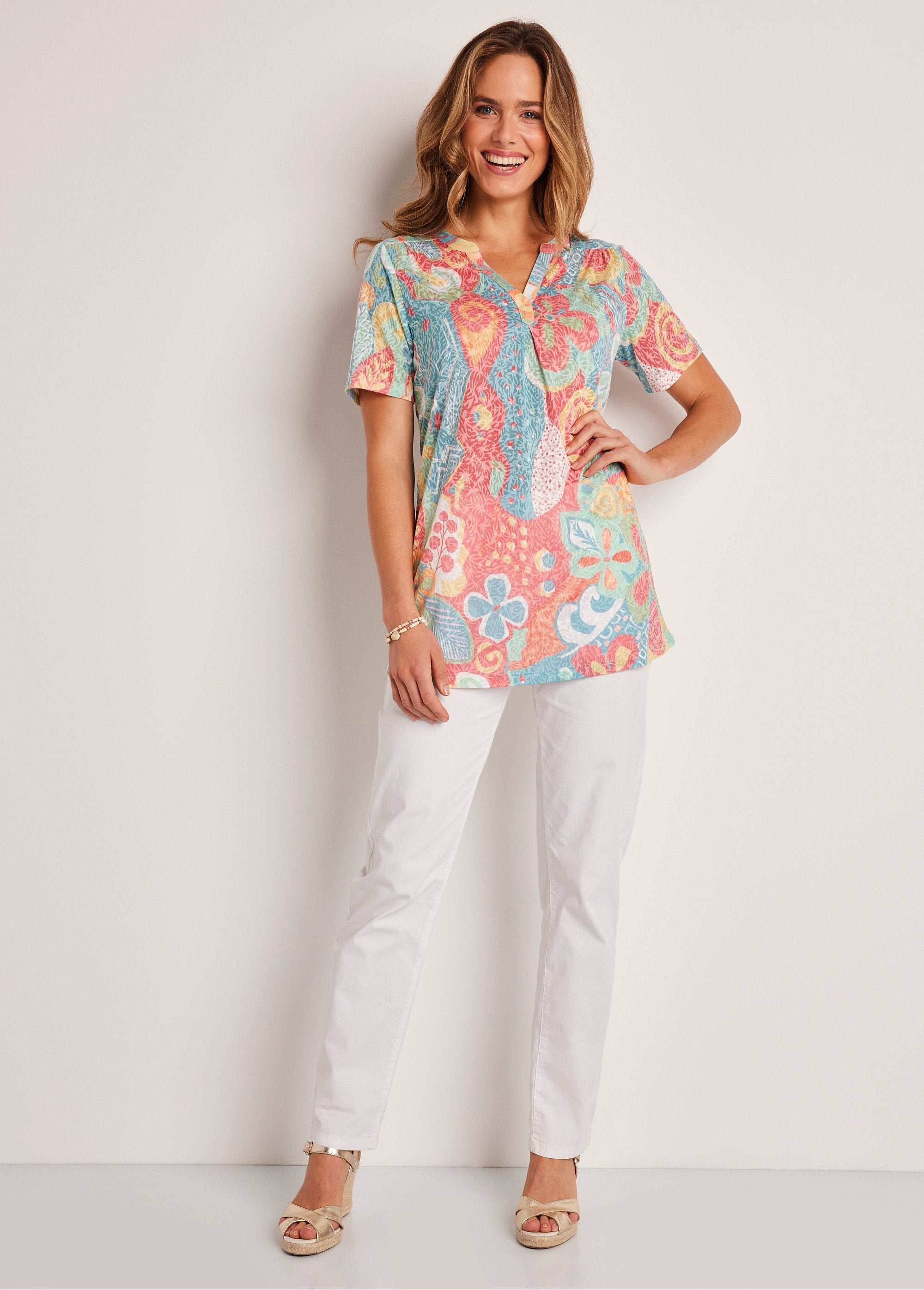 T-shirt_lunga_e_sciolta_a_fiori,_maniche_corte_Multicolore_SF1_slim