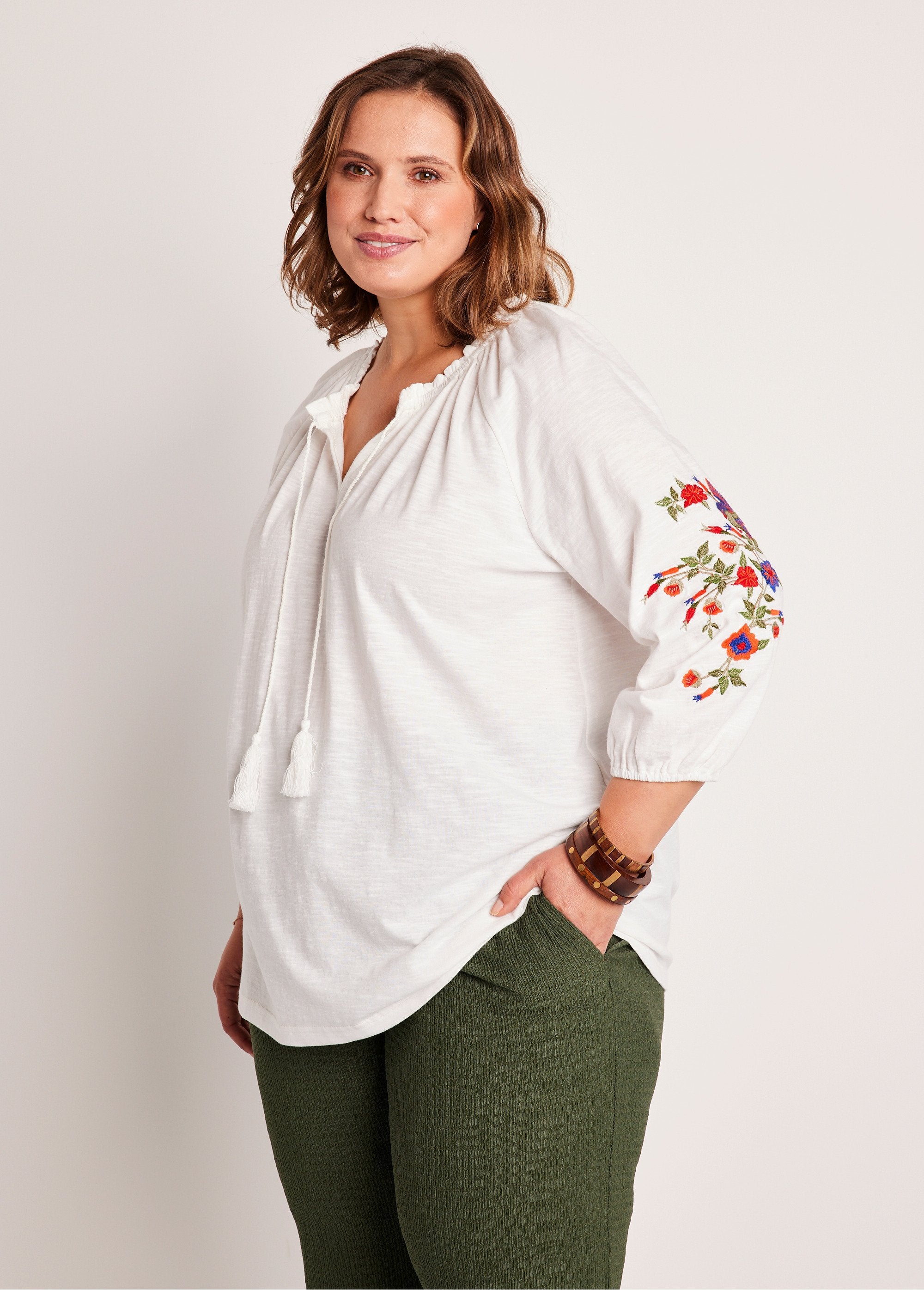 T-shirt_lunga_ricamata,_maniche_a_3/4_BIANCO_FA1_curvy