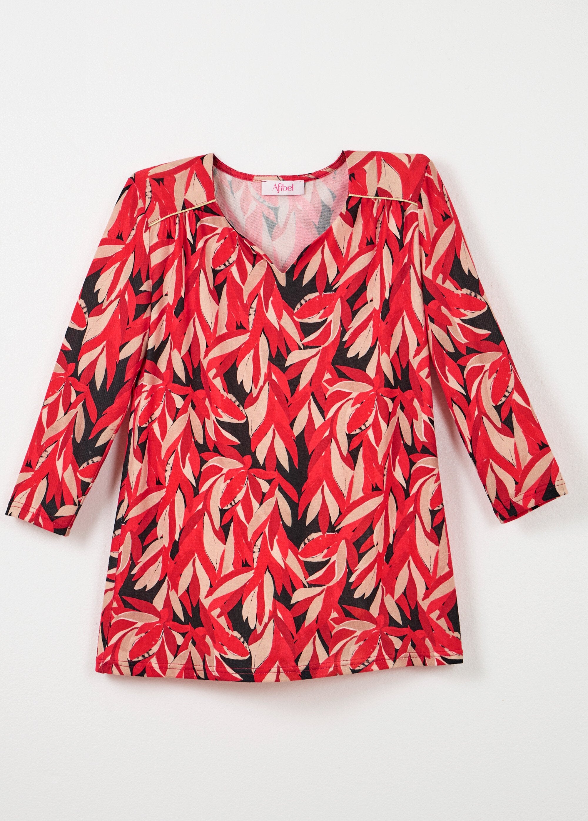 T-shirt_lunga_e_svasata,_maniche_a_3/4,_collo_rotondo_Imprime_rouge_AP1_slim