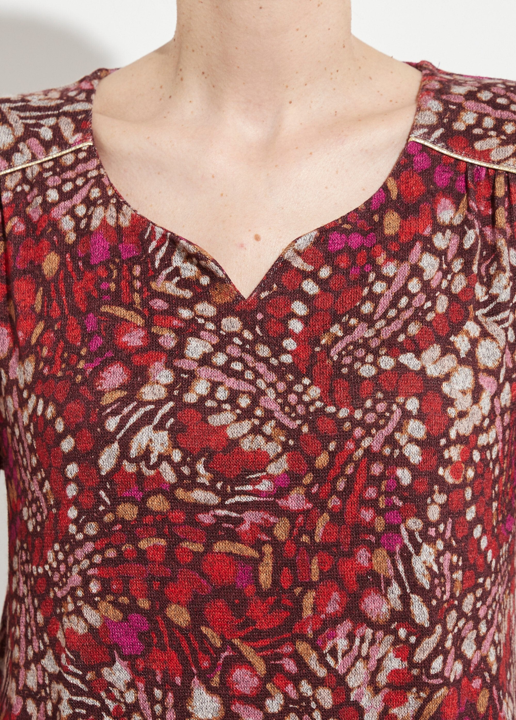 T-shirt_long_évasé_manches_3/4_imprimé_tachiste_Bordeaux_et_rose_DE1_slim